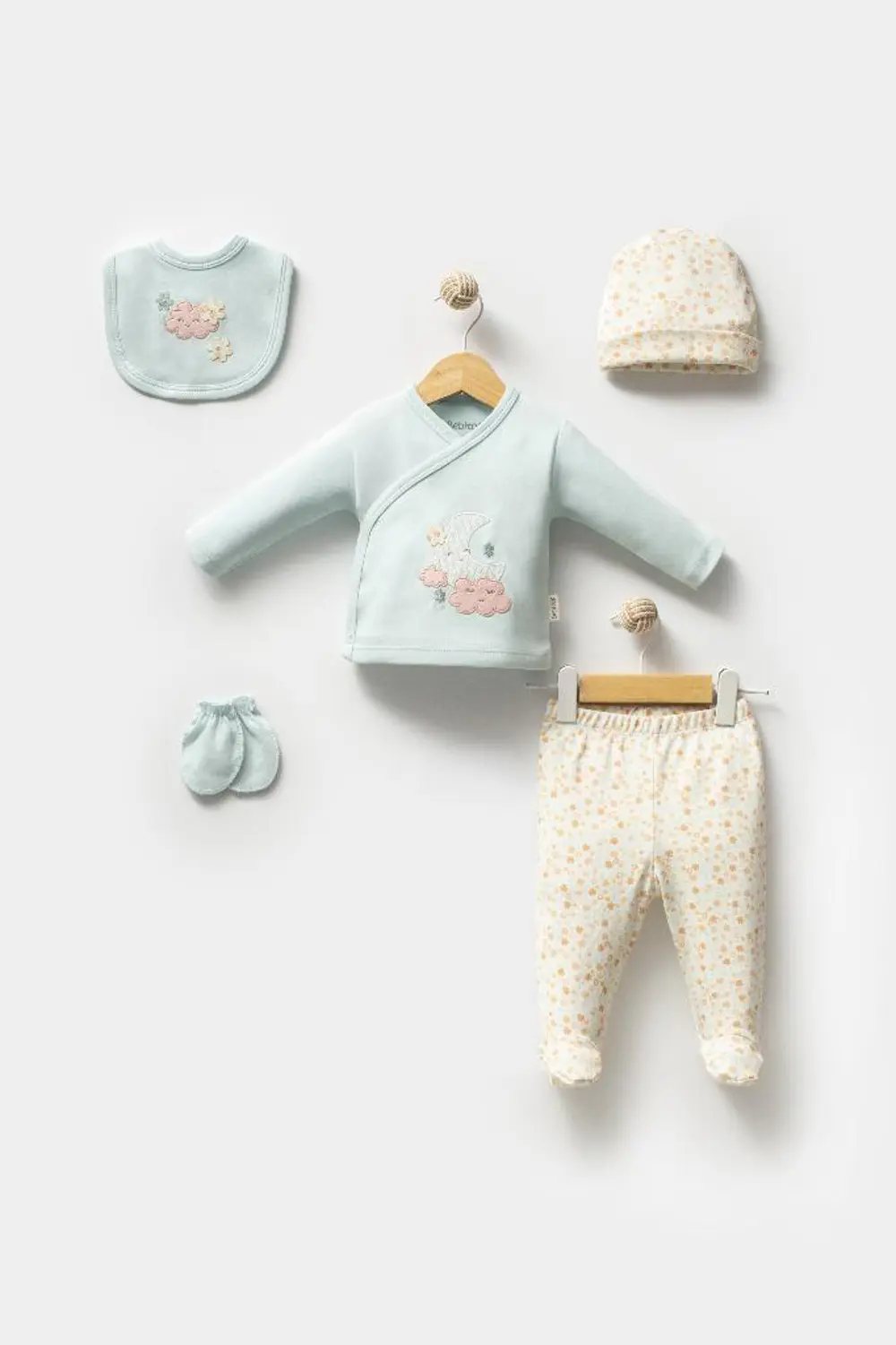 Bebitof %100 Pamuk Sevimli Ay ve Bulutlar Desenli Bebek 5 Parça Y