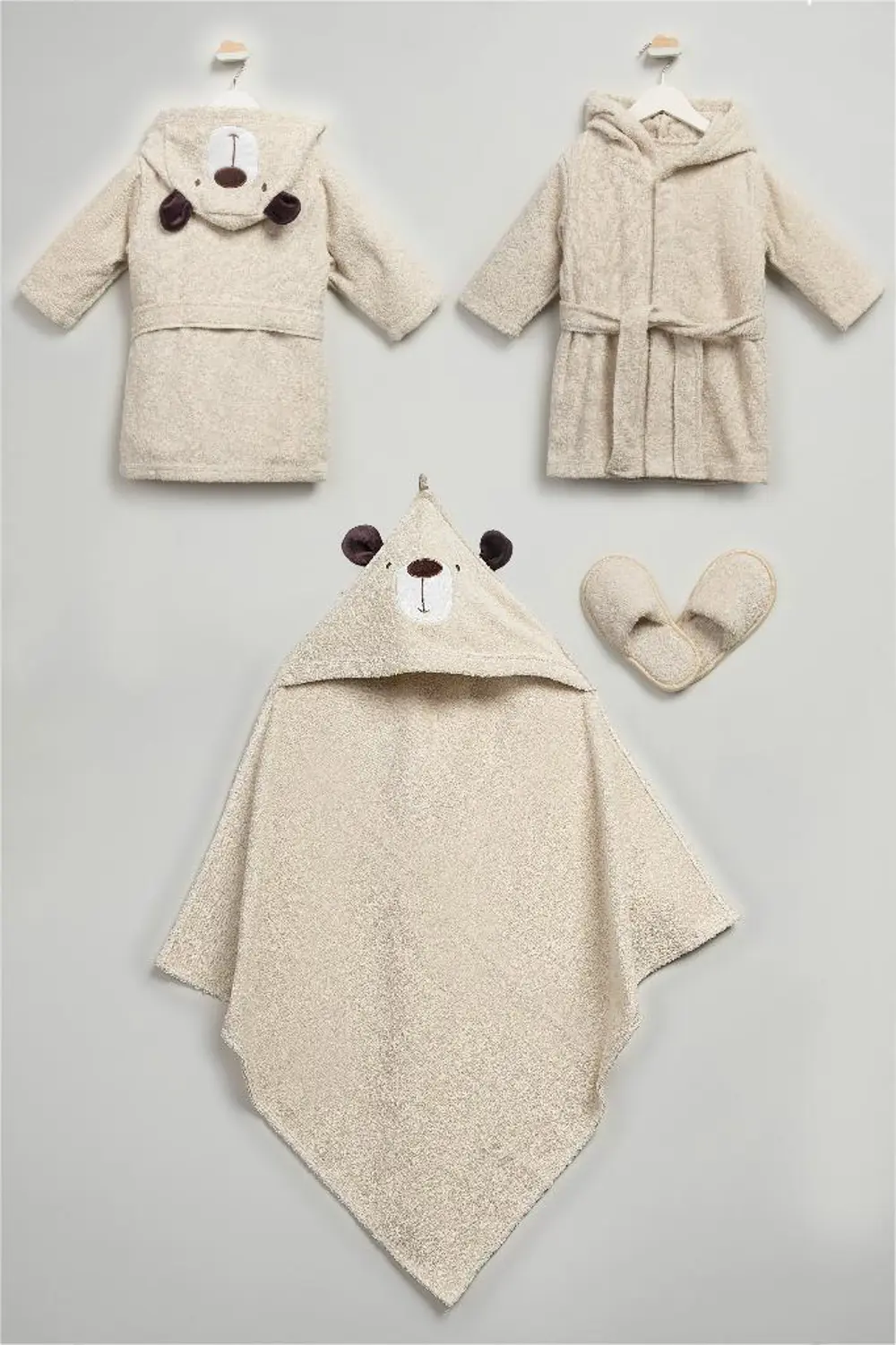 Bebitof %100 Pamuk Sevimli Ayı Desenli Pamuk Bebek Bornoz Seti Ku