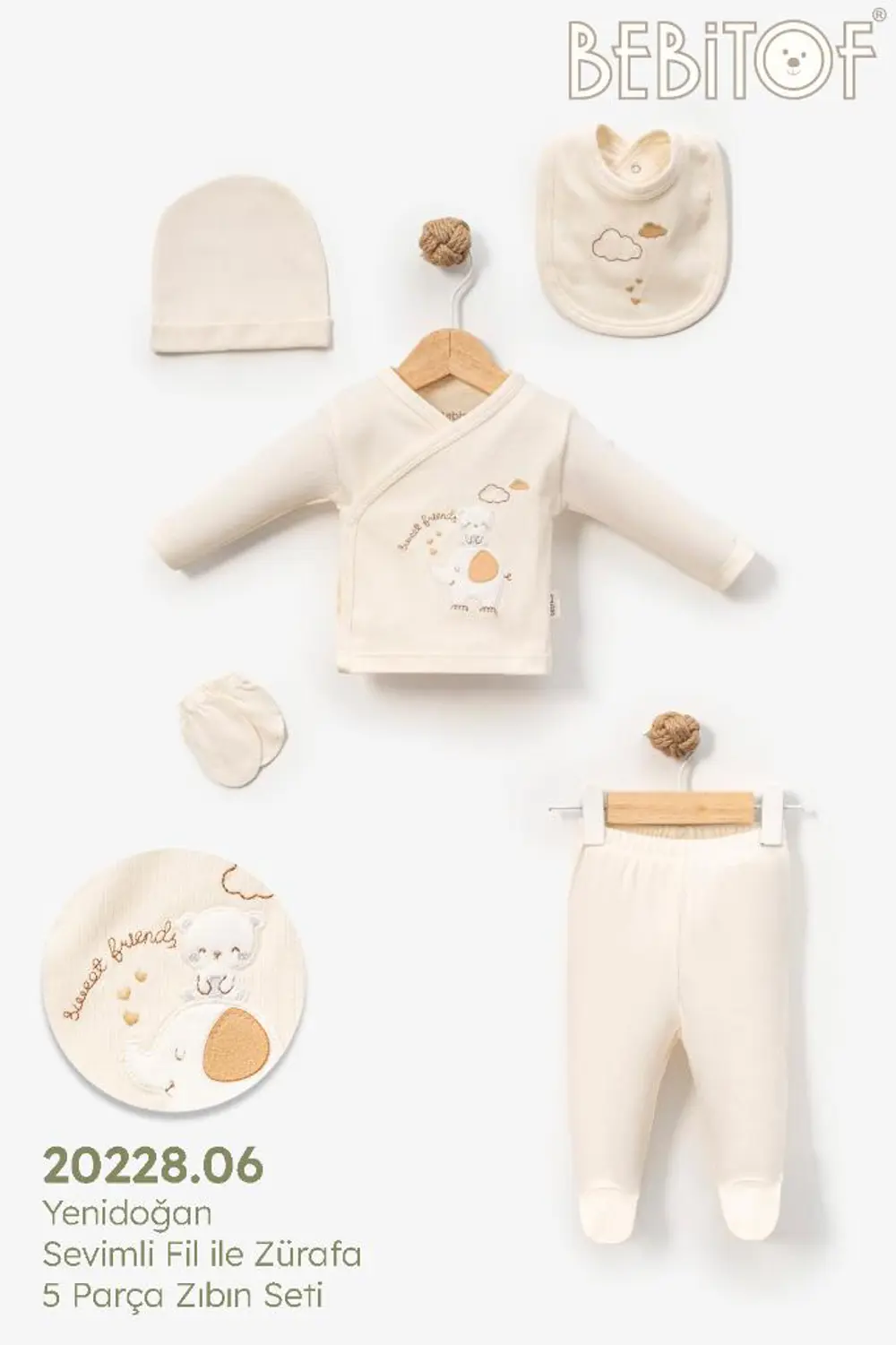 Bebitof %100 Pamuk Sevimli Fil ile Zürefa Desenli 5 Parça Yenidoğ