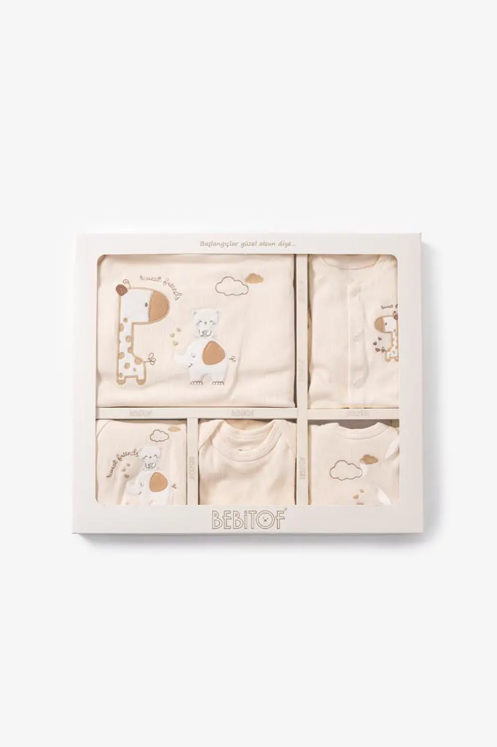 Bebitof %100 Pamuk Sevimli Fil ve Zürafa Desenli 10 Parça Kutulu 
