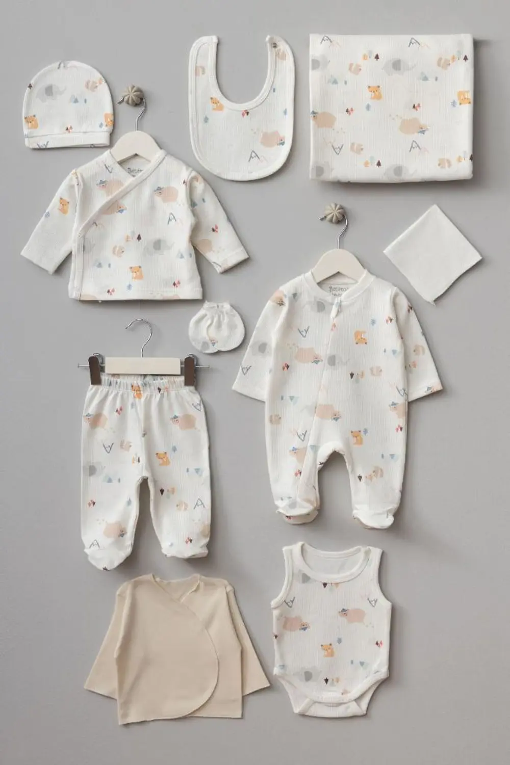 Bebitof %100 Pamuk Sevimli Hayvanlar 10 Parça Hastane Çıkışı Seti