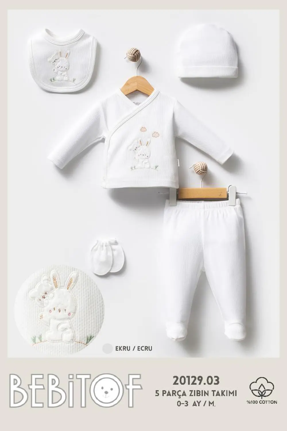 Bebitof %100 Pamuk Sevimli Tavşan Desenli 5 Parça Yenidoğan Hasta