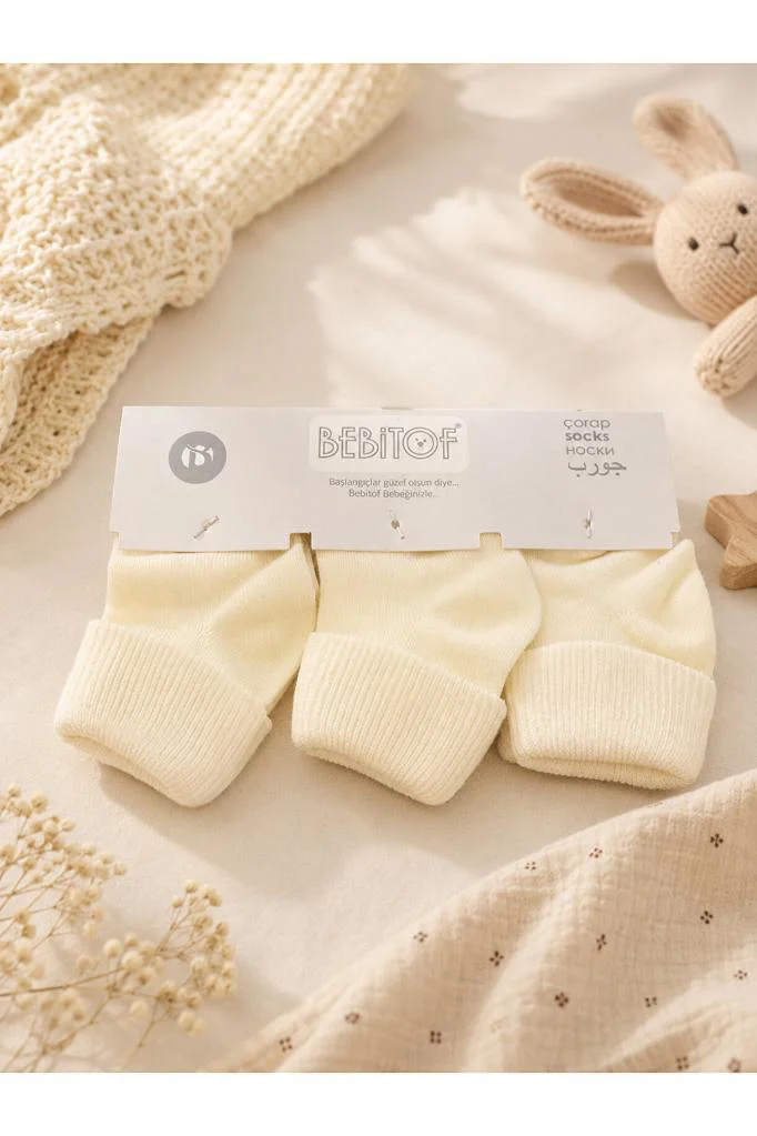 Bebitof 3 Çift Bebek Pamuklu Kıvırmalı Soket Çorap Ekru BBTF.413.ÇRP.EKR
