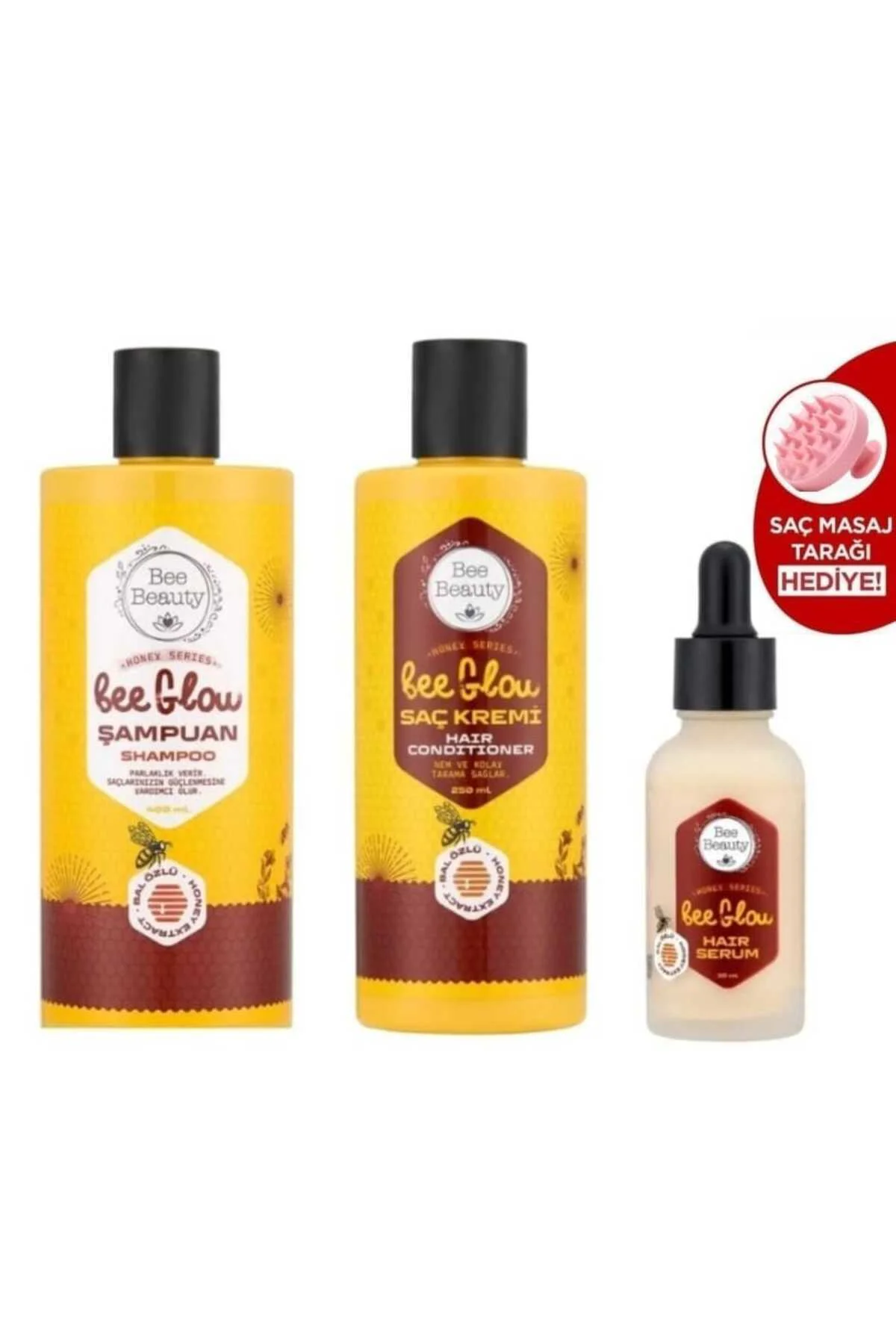 Bee Glow Noney Serisi şampuan 400ml & Saç kremi 250ml & Serum 30 ml