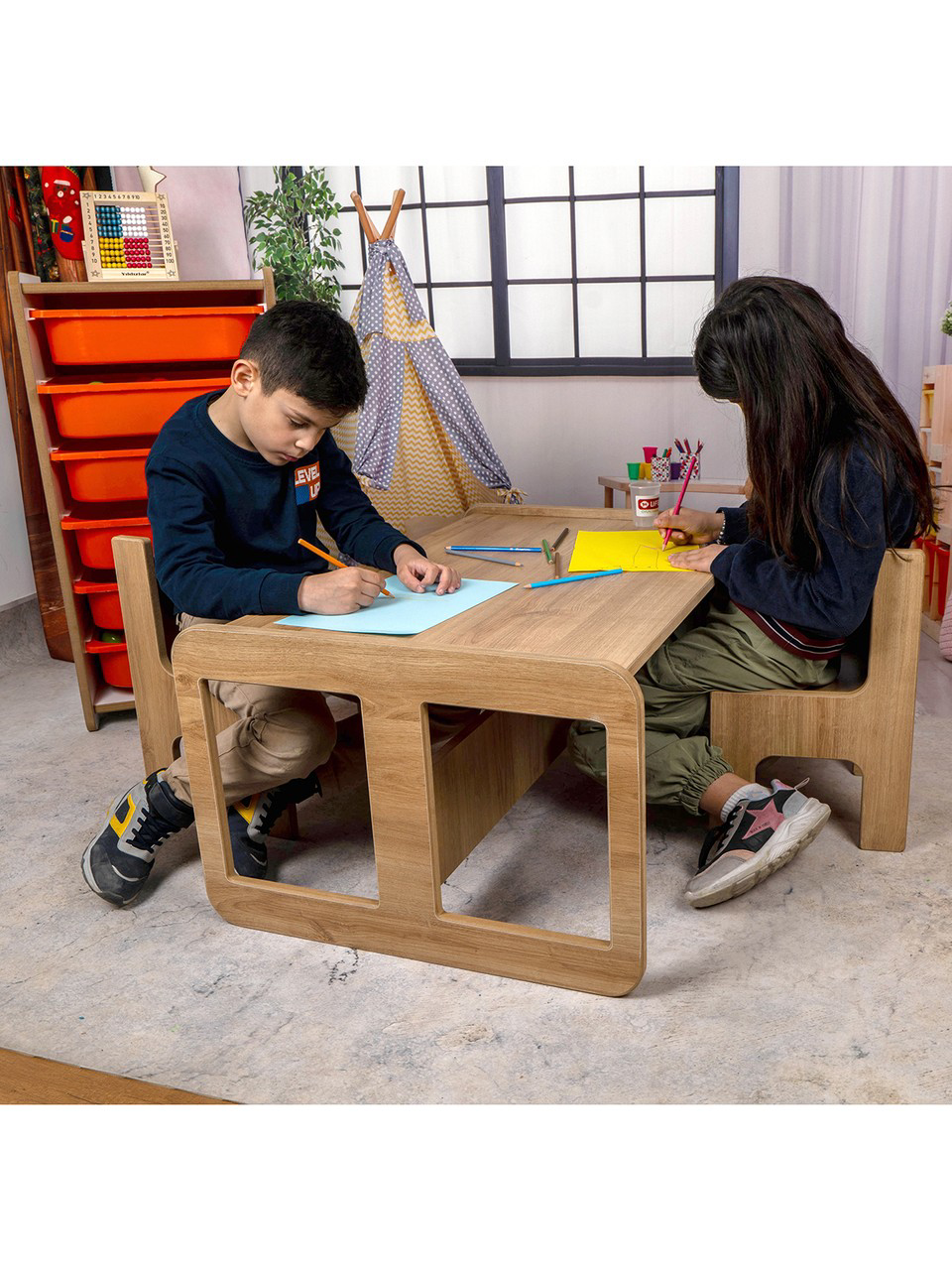 BEEVOLİ 2 Kişilik Çekmeceli Oyun, Aktivite, Etkinlik Masası, Ceviz-Lila, 18MM Mdf