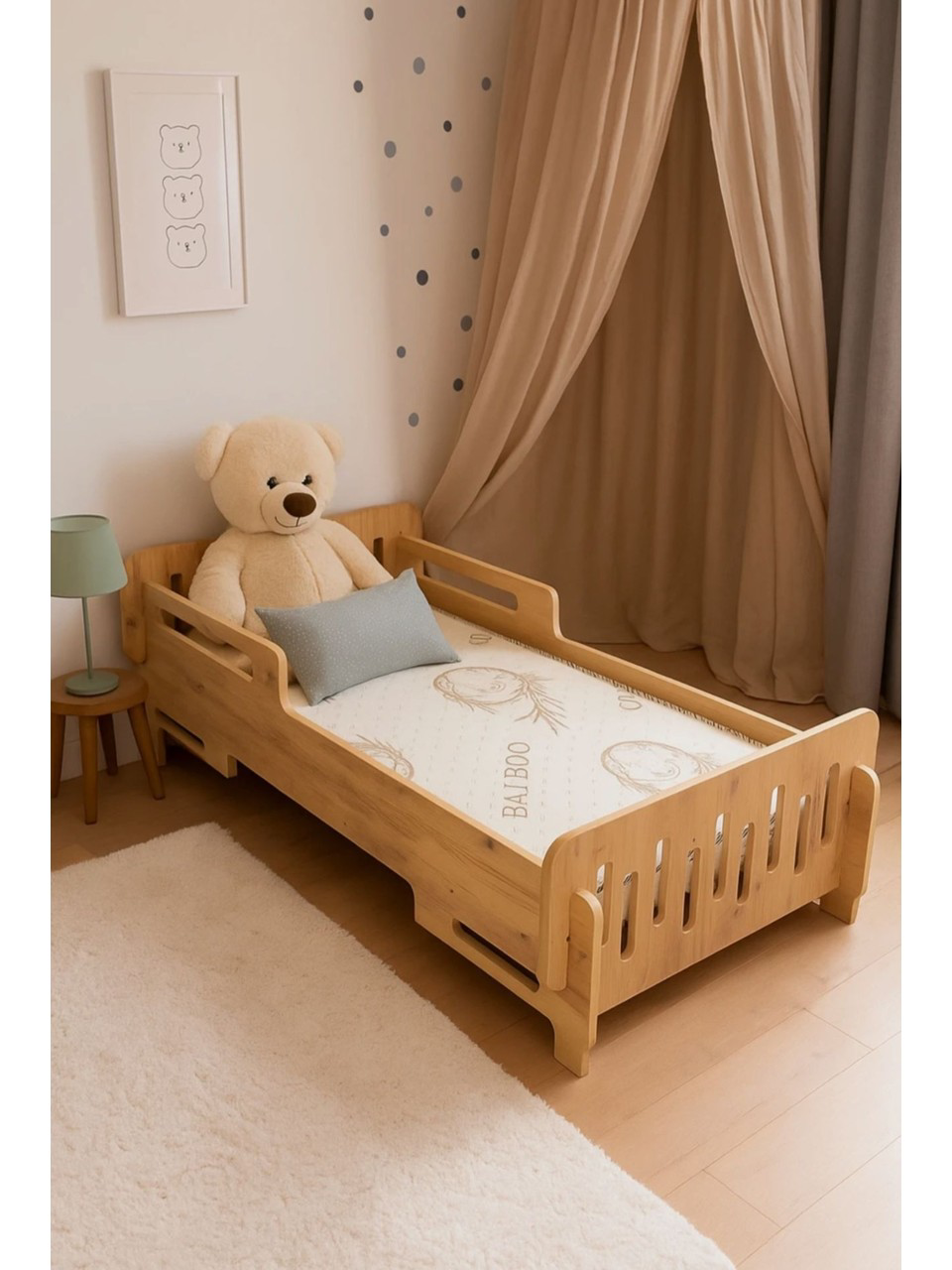 BEEVOLİ Ceviz Montessori Karyola 70x140, Ceviz MDF, Ahşap Çocuk Yatağı