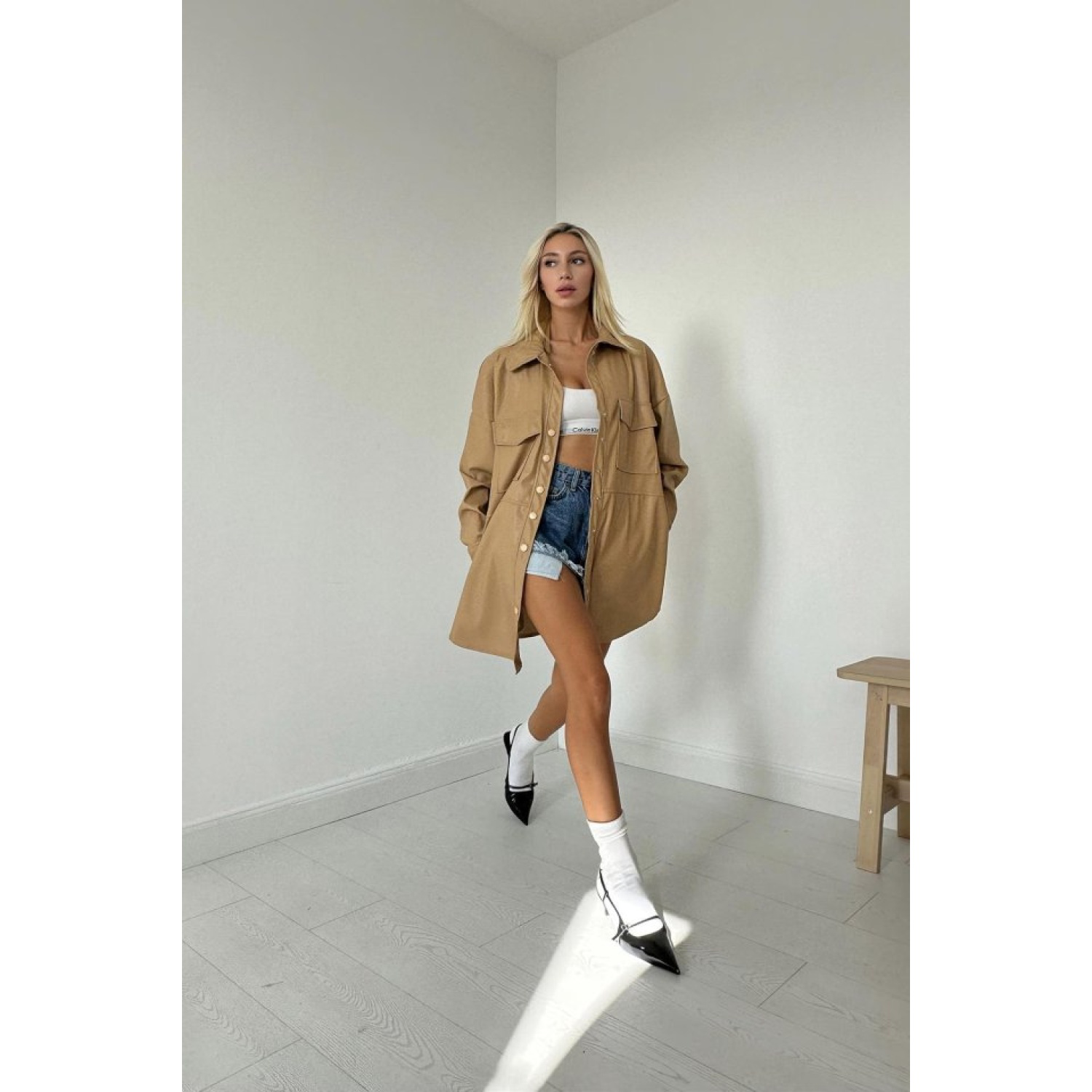 Bej Çıtçıt Kapama Cepli Deri Ceket