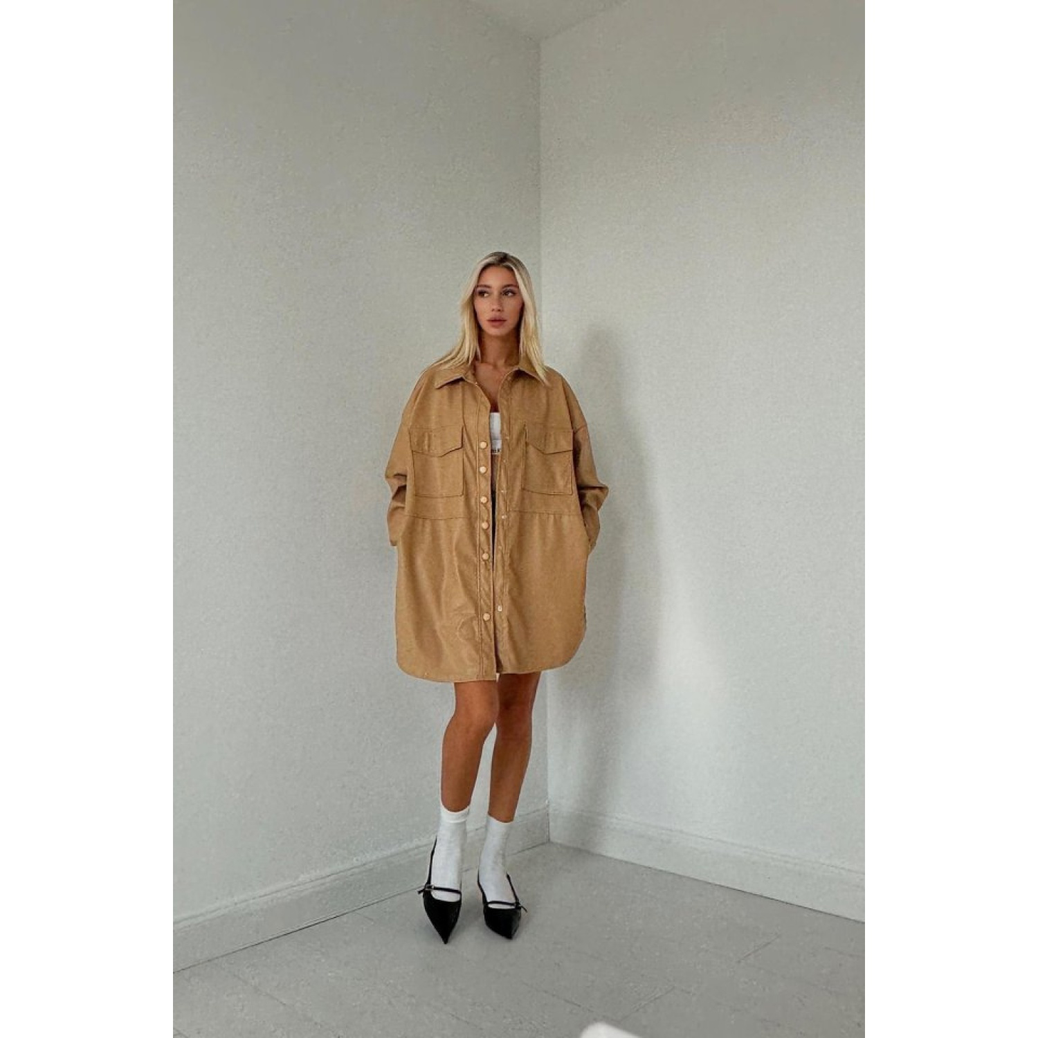 Bej Çıtçıt Kapama Cepli Deri Ceket