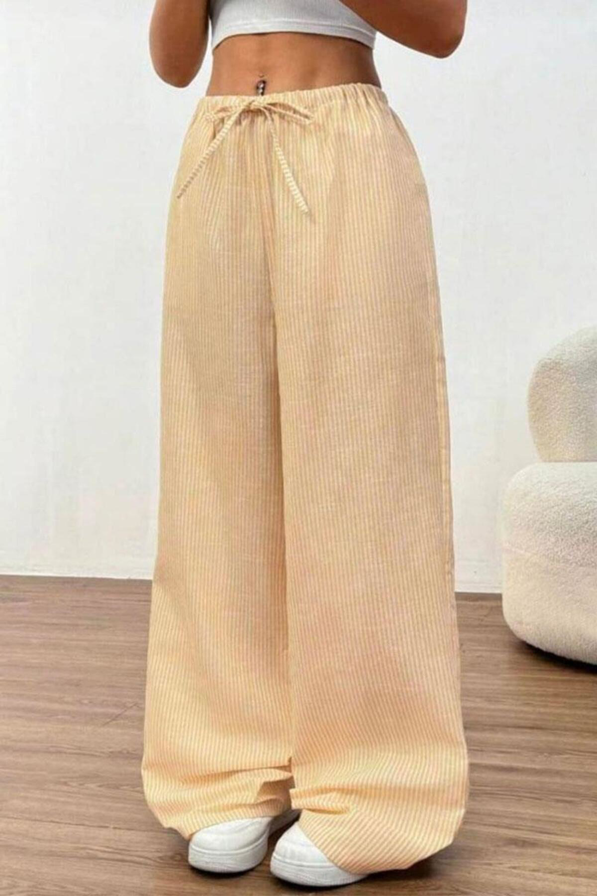 Köstebek Bej Çizgili Beli Lastikli Harajuku Eşofman