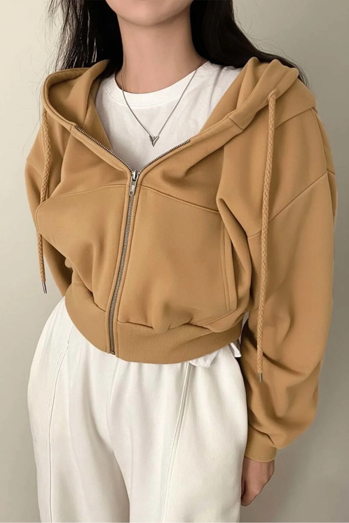 Bej Crop Top Kalın Kumaş Kapüşonlu Y2K Crop Hırka