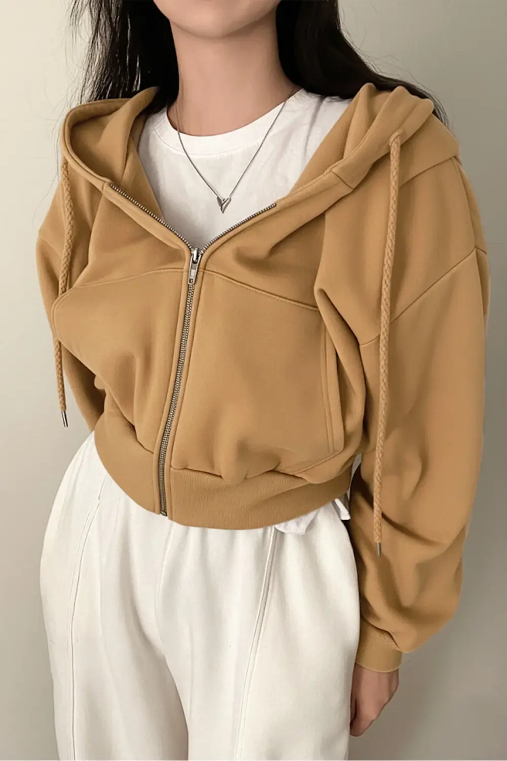 Bej Crop Top Kalın Kumaş Kapüşonlu Crop Hırka