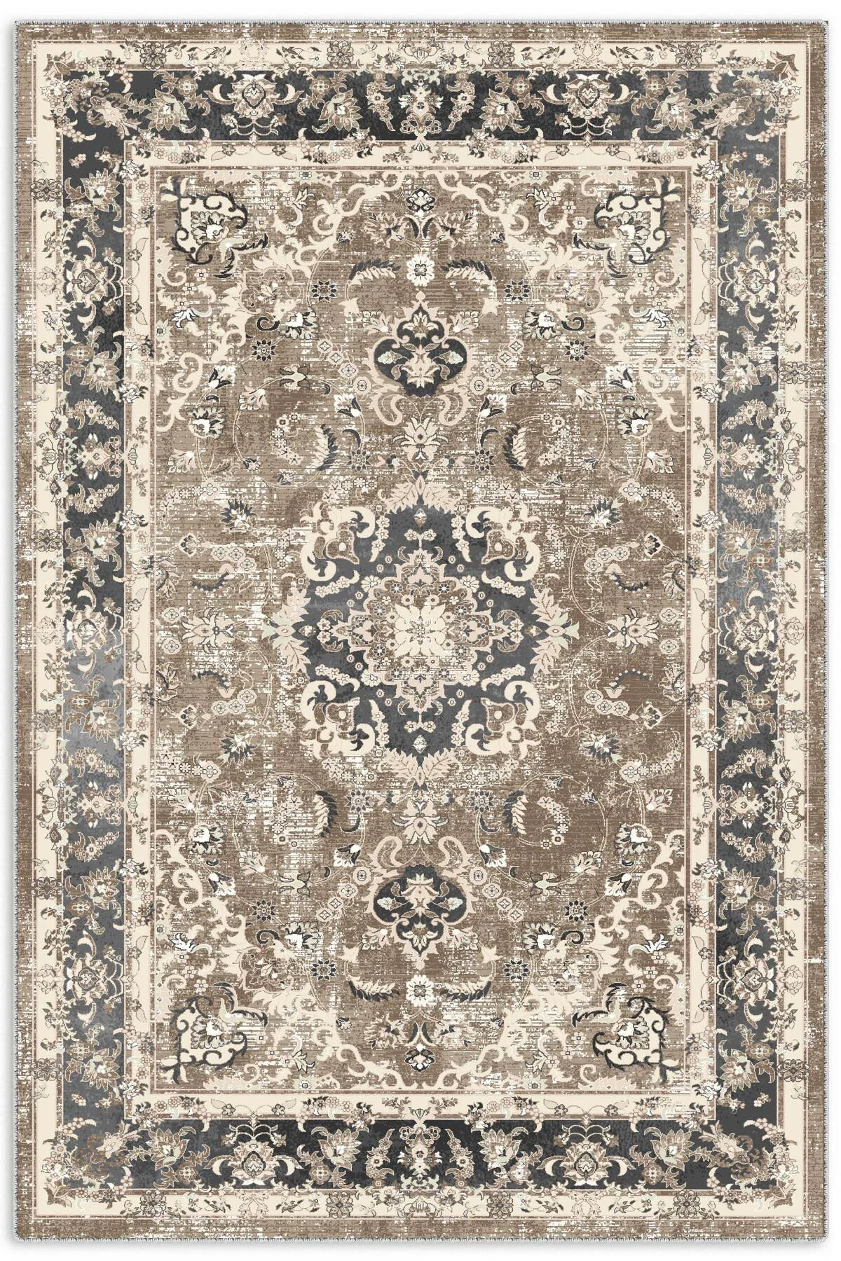 Bej Füme Klasik Desenli Vintage Şönil Halı Kilim Yolluk Kaymaz Yı