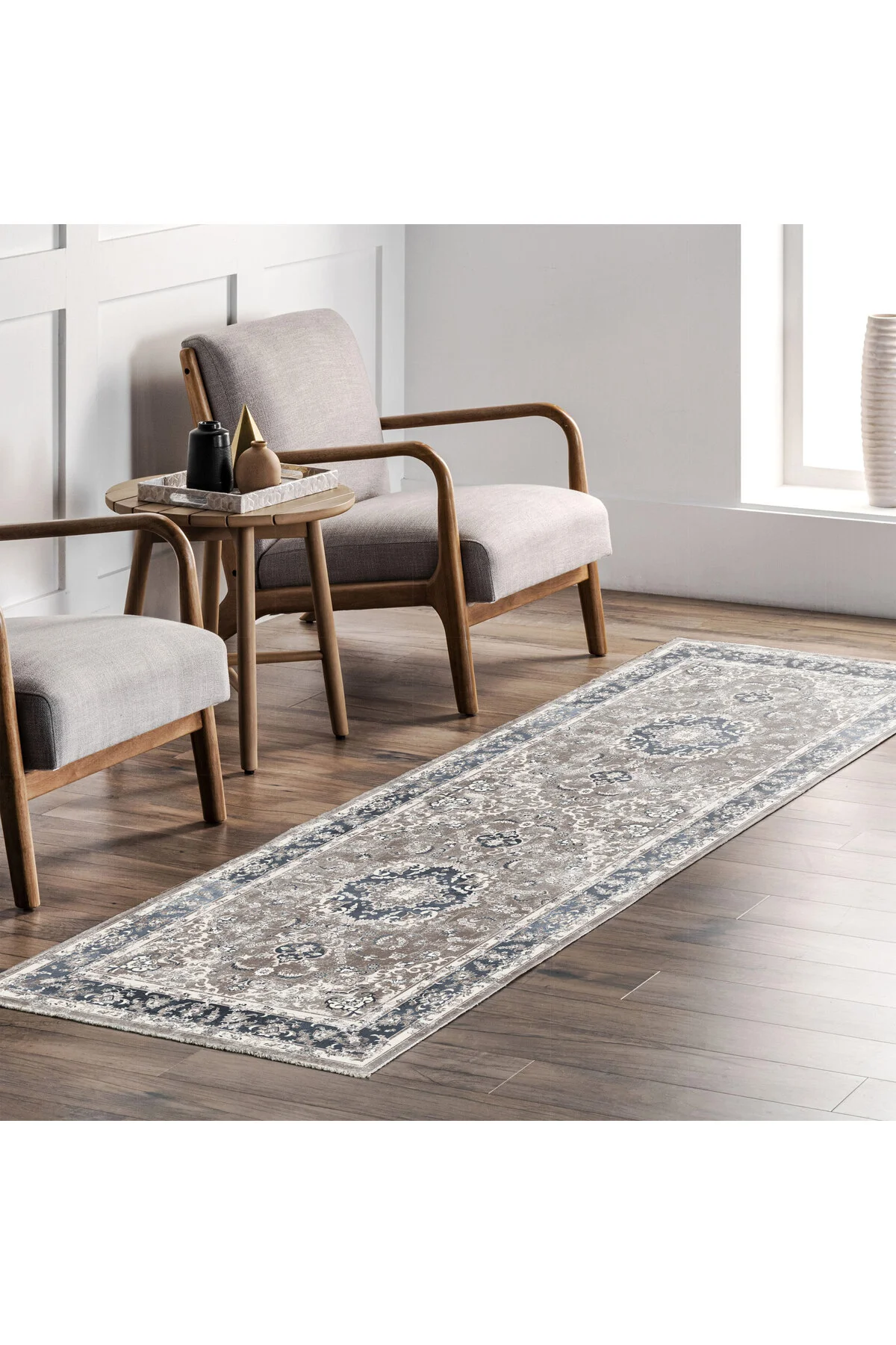 Bej Füme Klasik Desenli Vintage Şönil Halı Kilim Yolluk Kaymaz Yı