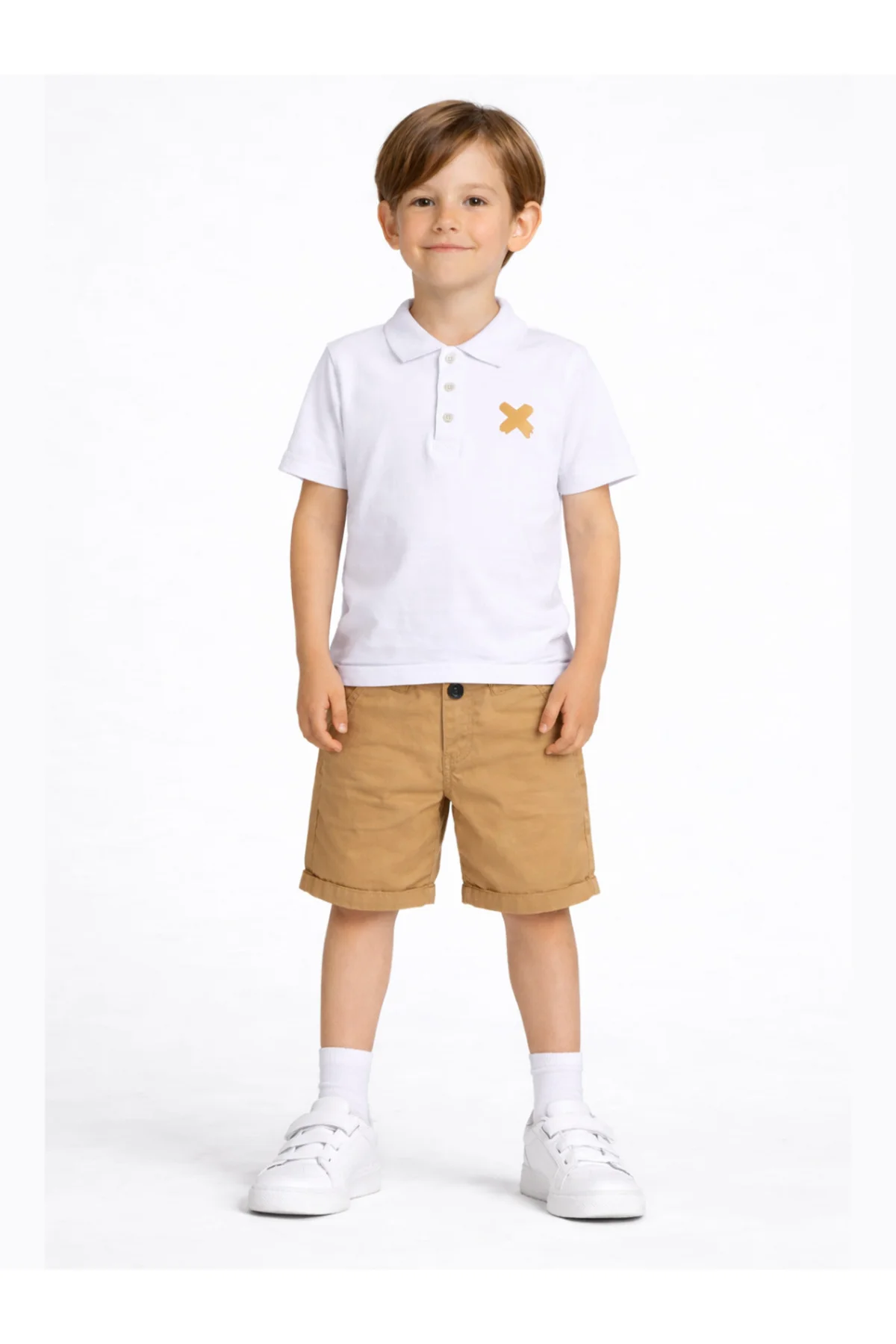 Bej Gabardin Şort & Beyaz Polo T-shirt Takım