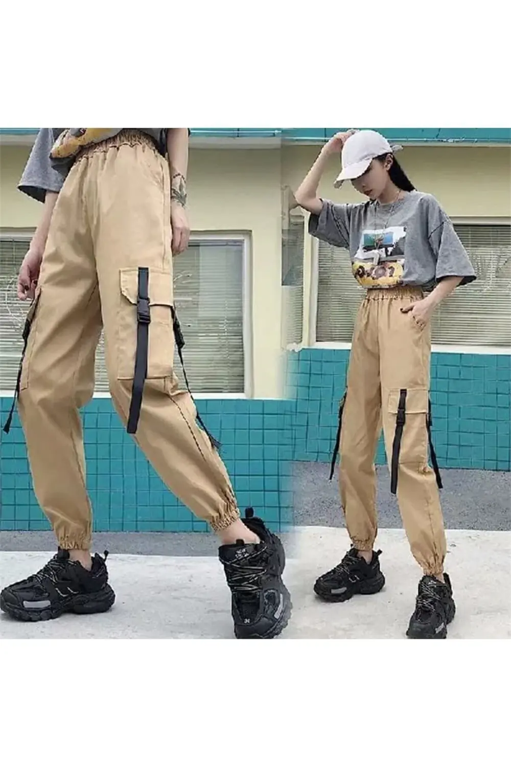 Bej Harajuku Kargo Pantolon