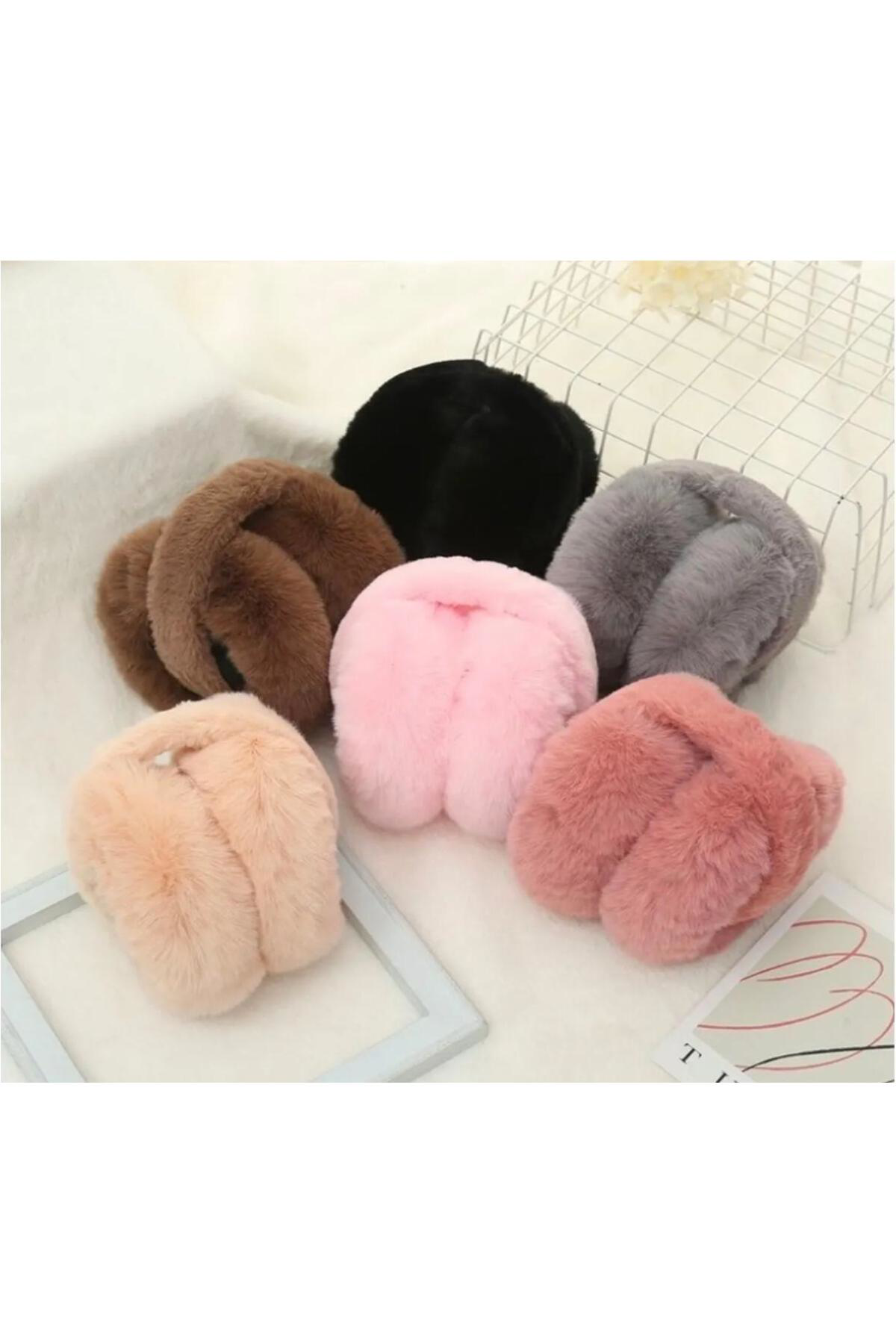 Bej Kadın Peluş Kulaklık Yumuşak Kürklü Katlanabilir Kulak Isıtıc