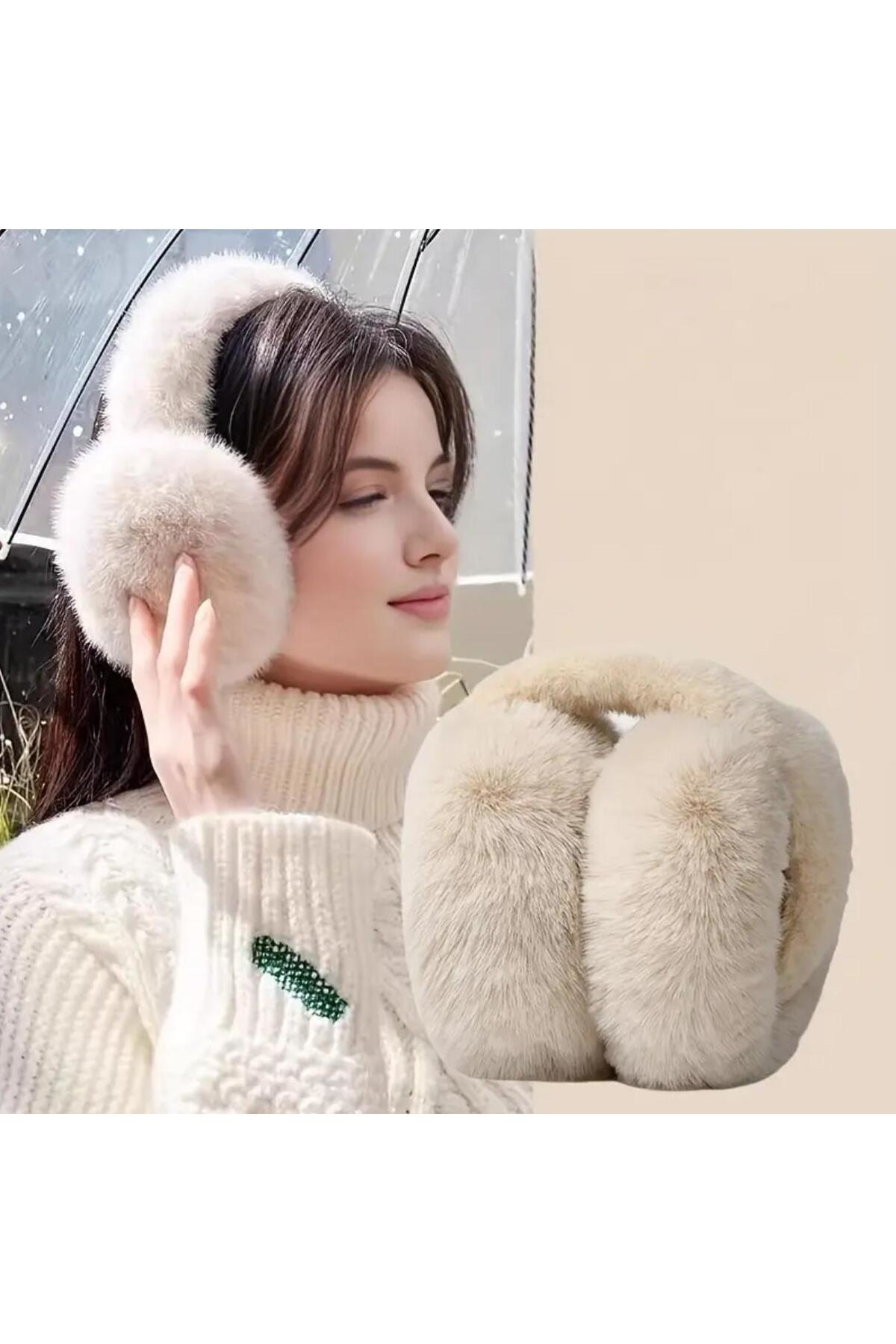 Bej Kadın Peluş Kulaklık Yumuşak Kürklü Katlanabilir Kulak Isıtıc