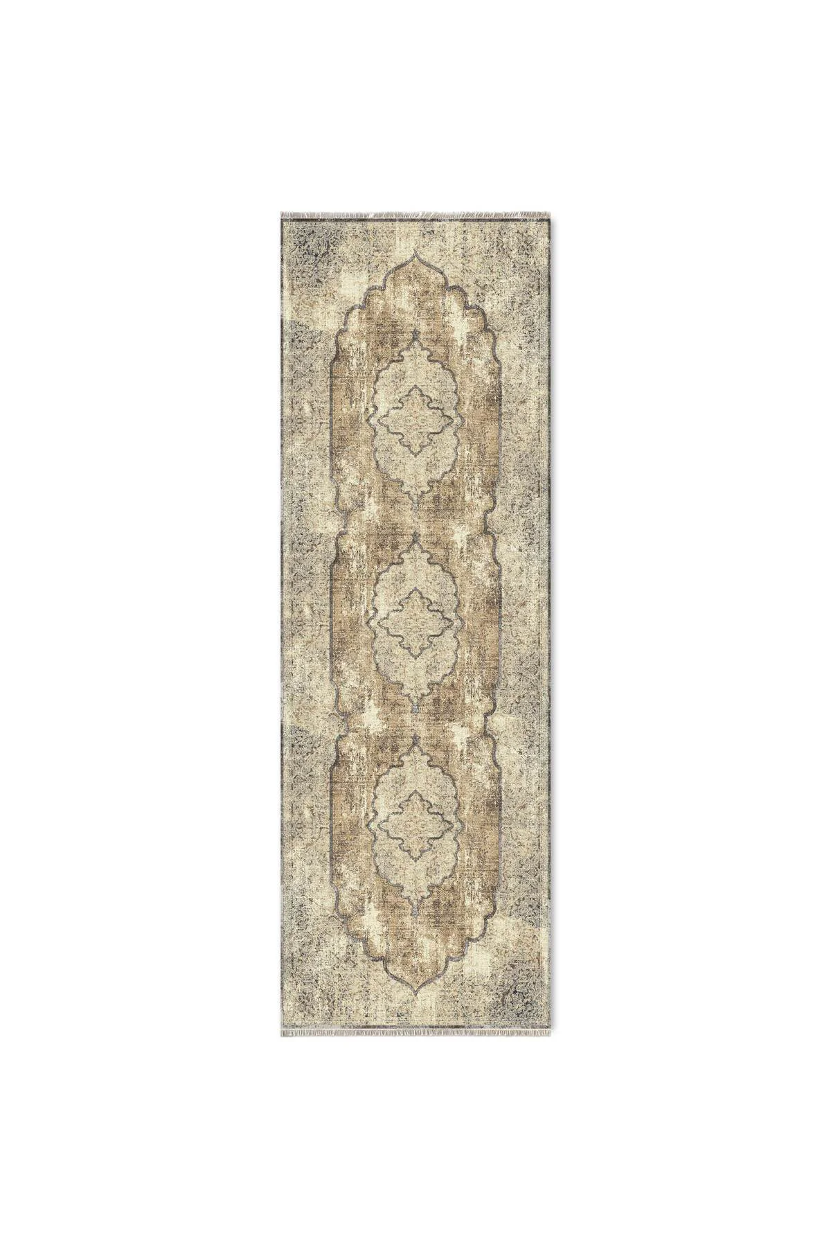 Bej Kahve Vintage Şönil Halı Kilim Yolluk Kaymaz Yıkanabilir Saça