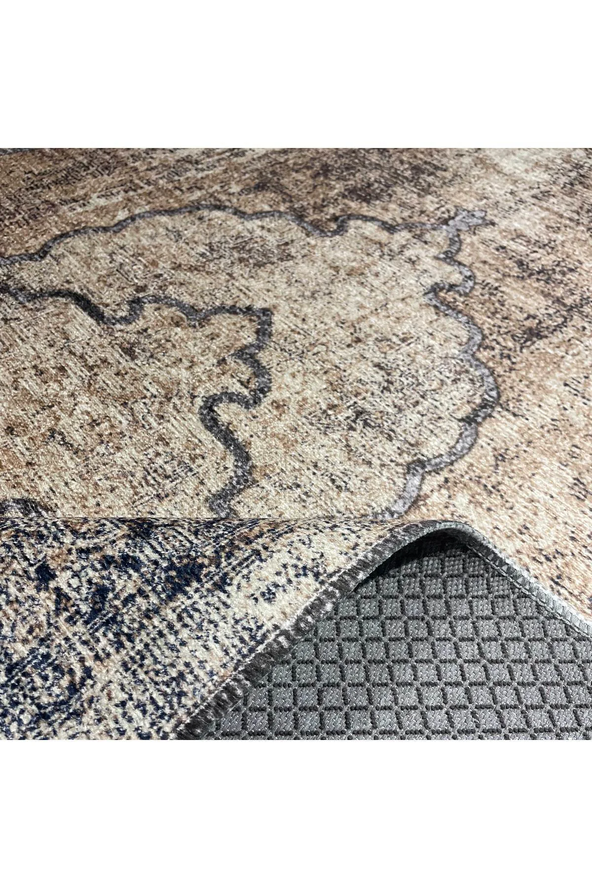 Bej Kahve Vintage Şönil Halı Kilim Yolluk Kaymaz Yıkanabilir Saça