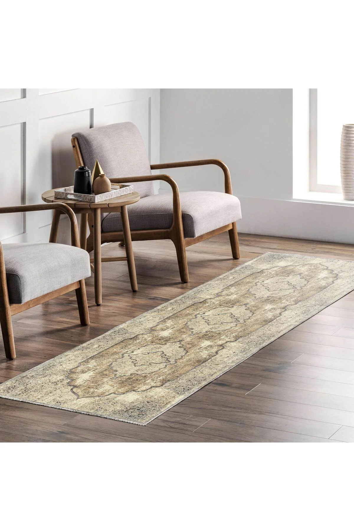 Bej Kahve Vintage Şönil Halı Kilim Yolluk Kaymaz Yıkanabilir Saça