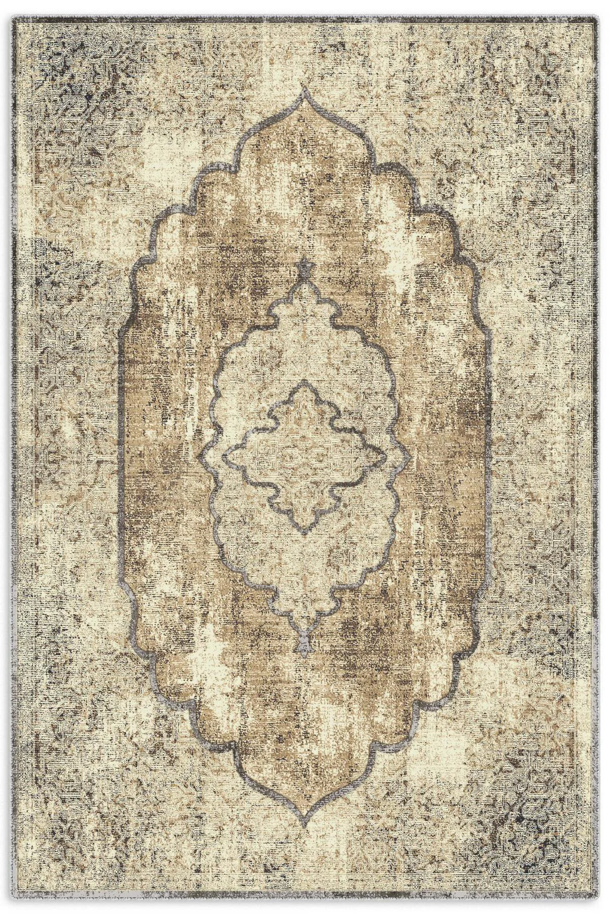 Bej Kahve Vintage Şönil Halı Kilim Yolluk Kaymaz Yıkanabilir Saça