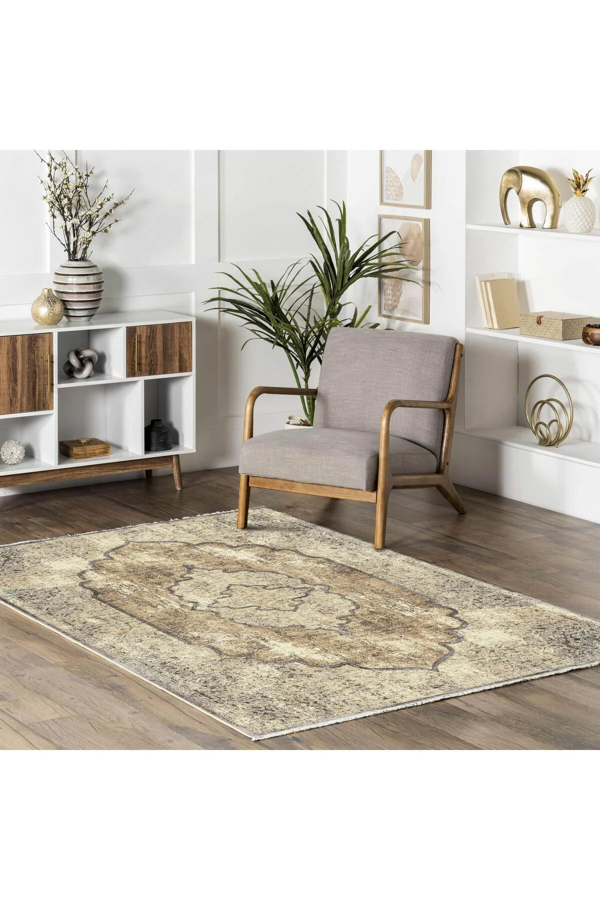 Bej Kahve Vintage Şönil Halı Kilim Yolluk Kaymaz Yıkanabilir Saça