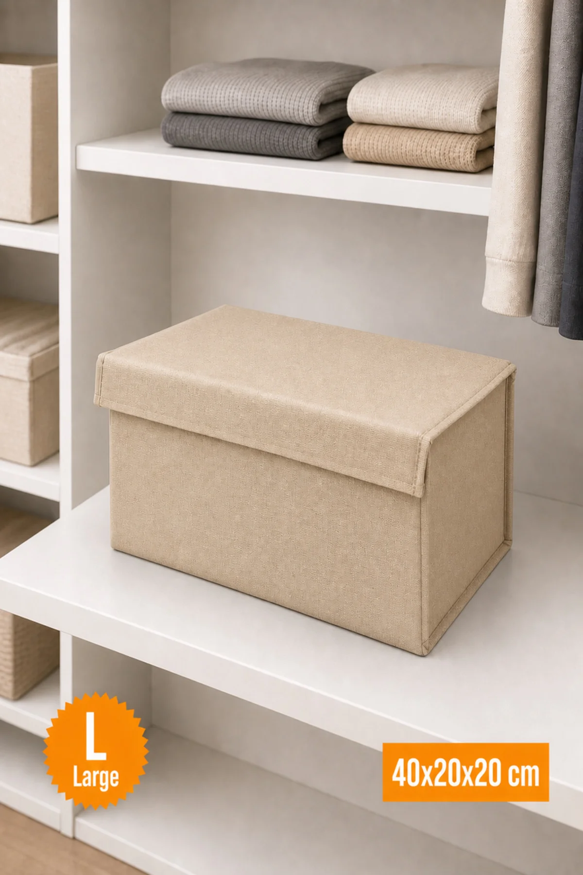 Bej Kapaklı Dolap İçi Düzenleyici, Katlanabilir Kıyafet Saklama Kutusu, Raf Düzenleyici Organizer Large 40x20x20cm Bej Kapaklı Dolap İçi Düzenleyici, Katlanabilir Kıyafet Saklama Kutusu, Raf Düzenleyici Organizer Large 40x20x20cm