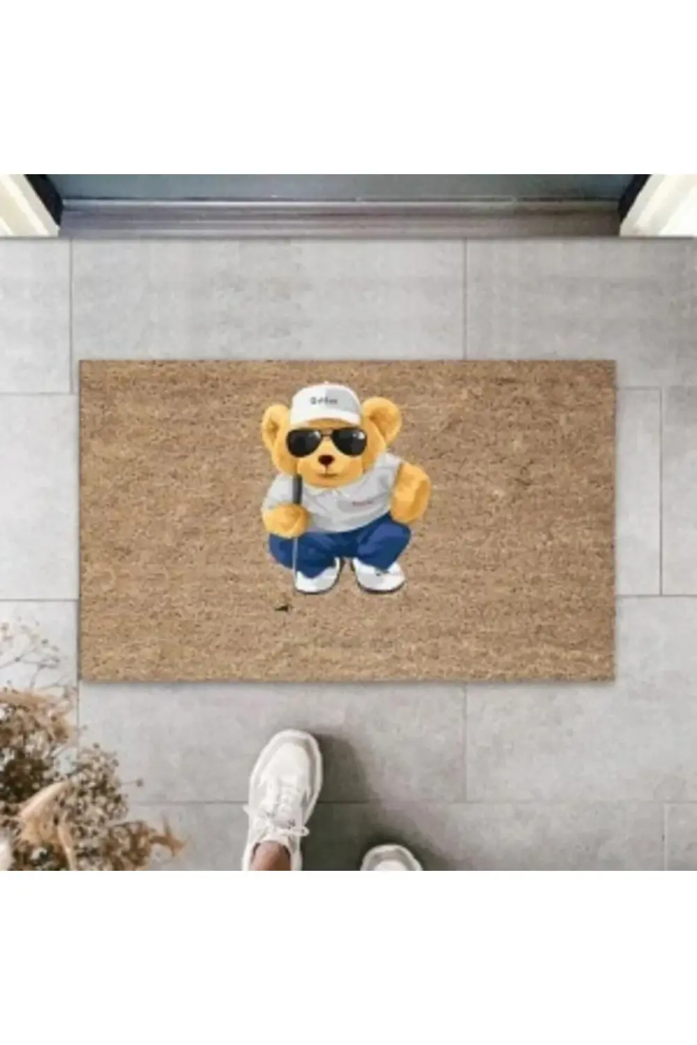 Bej Kapı Önü Paspası Golfer Ayıcık Desen K-3330