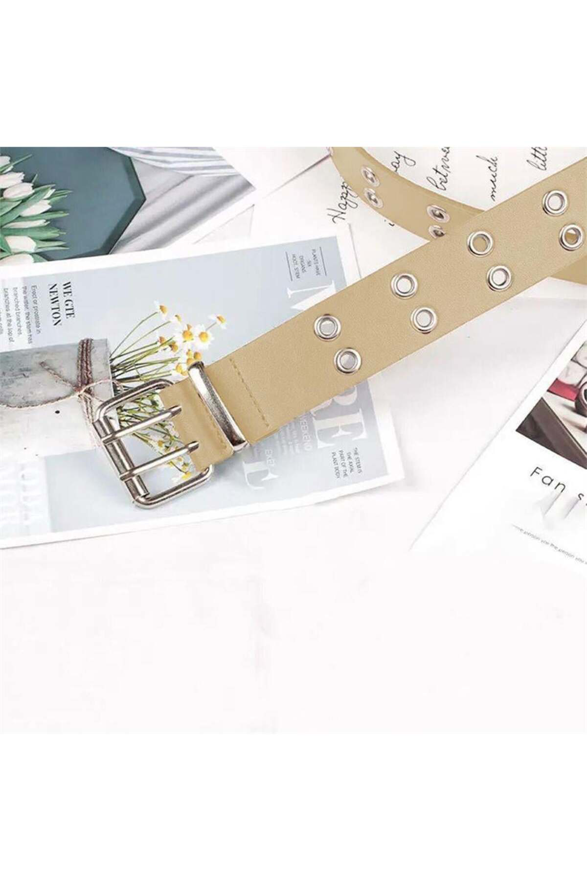 Bej Kuşgözü Detaylı Deri Kemer