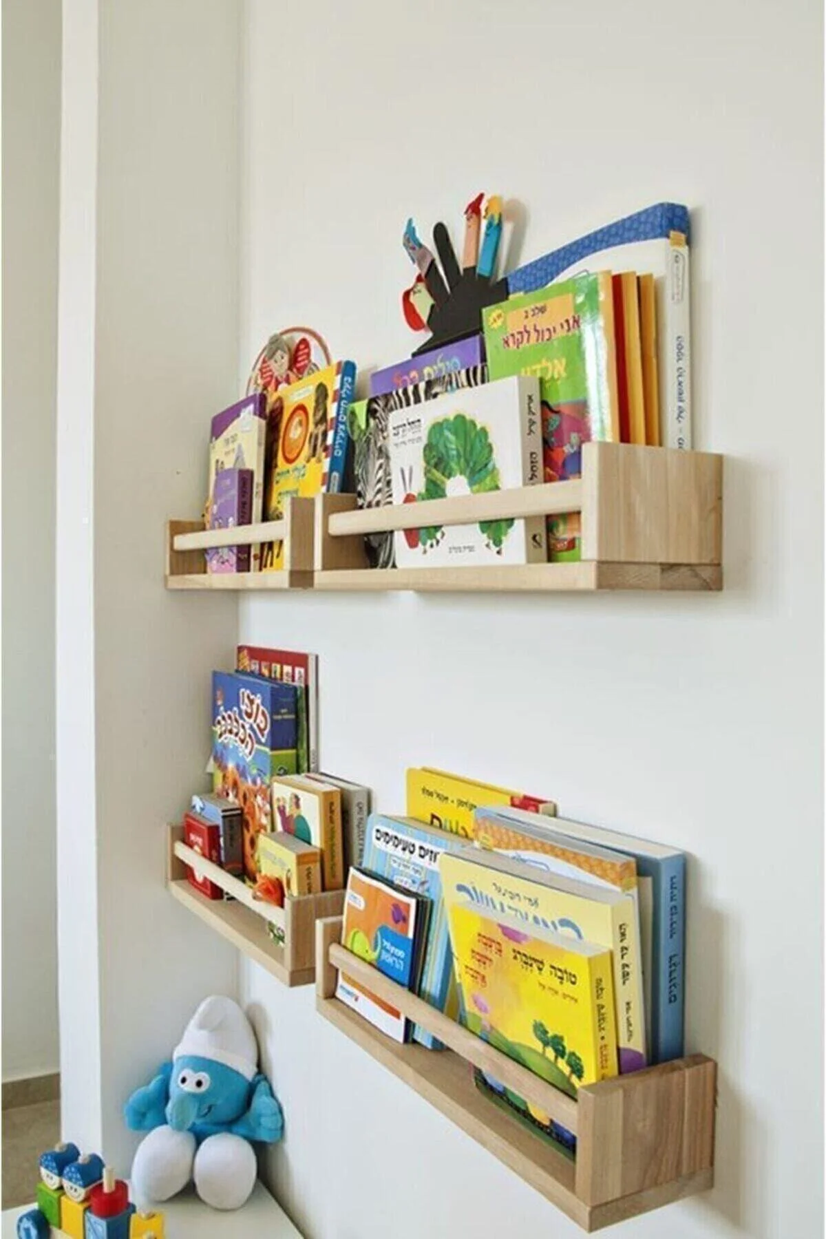 Bej Montessori Çocuk Odası Duvar Rafı Ahşap Kitaplık Raf 4 Adet