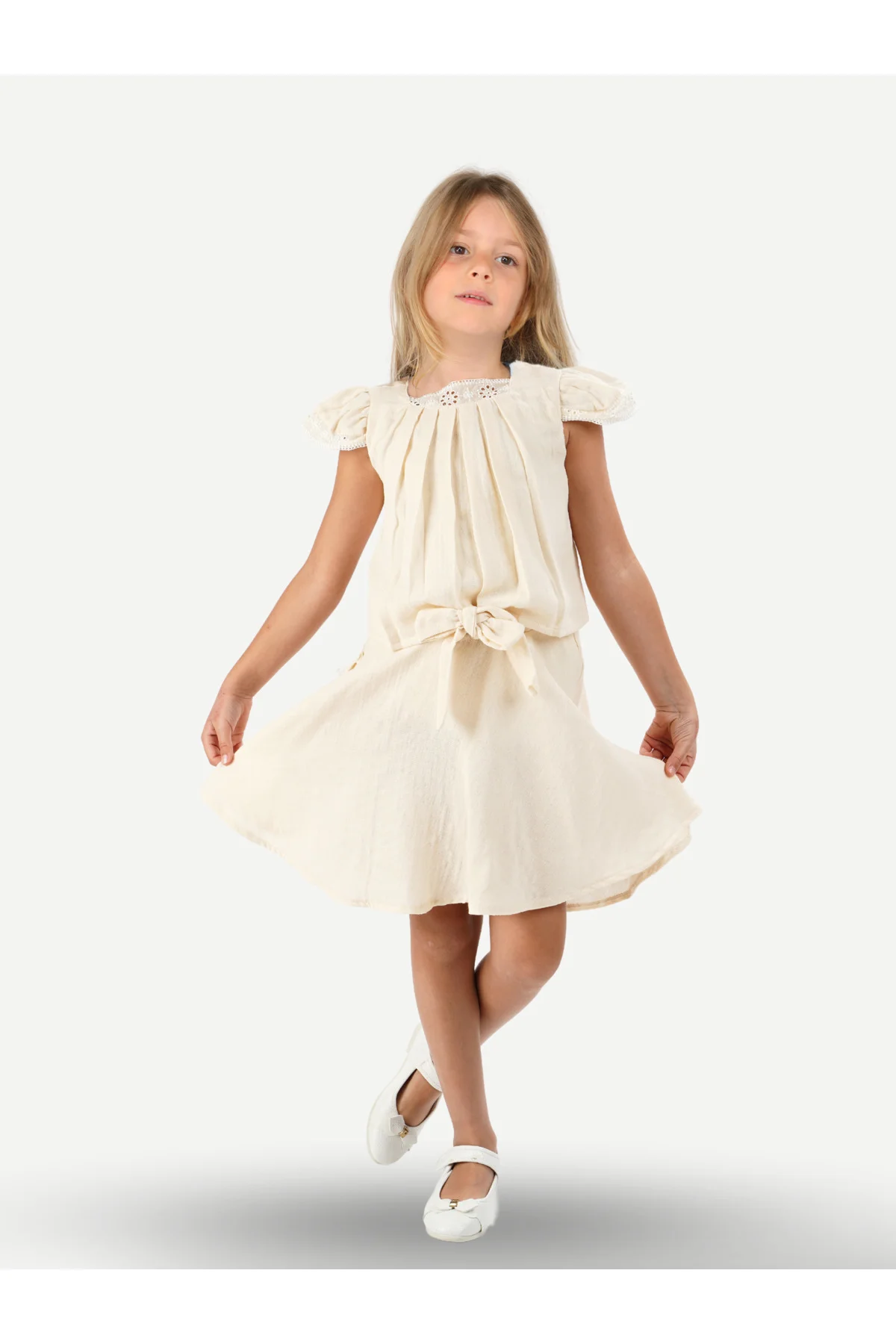 Bej Muslin Dantelli Kız Çocuk Tunik + Etekli Takım