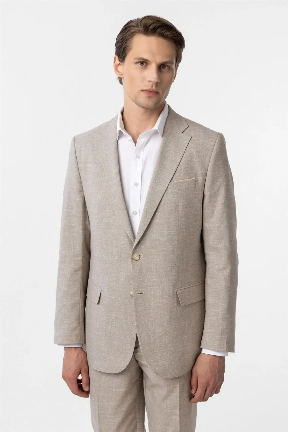 Bej Regular Desenli 6 Drop Klasik Takım Elbise