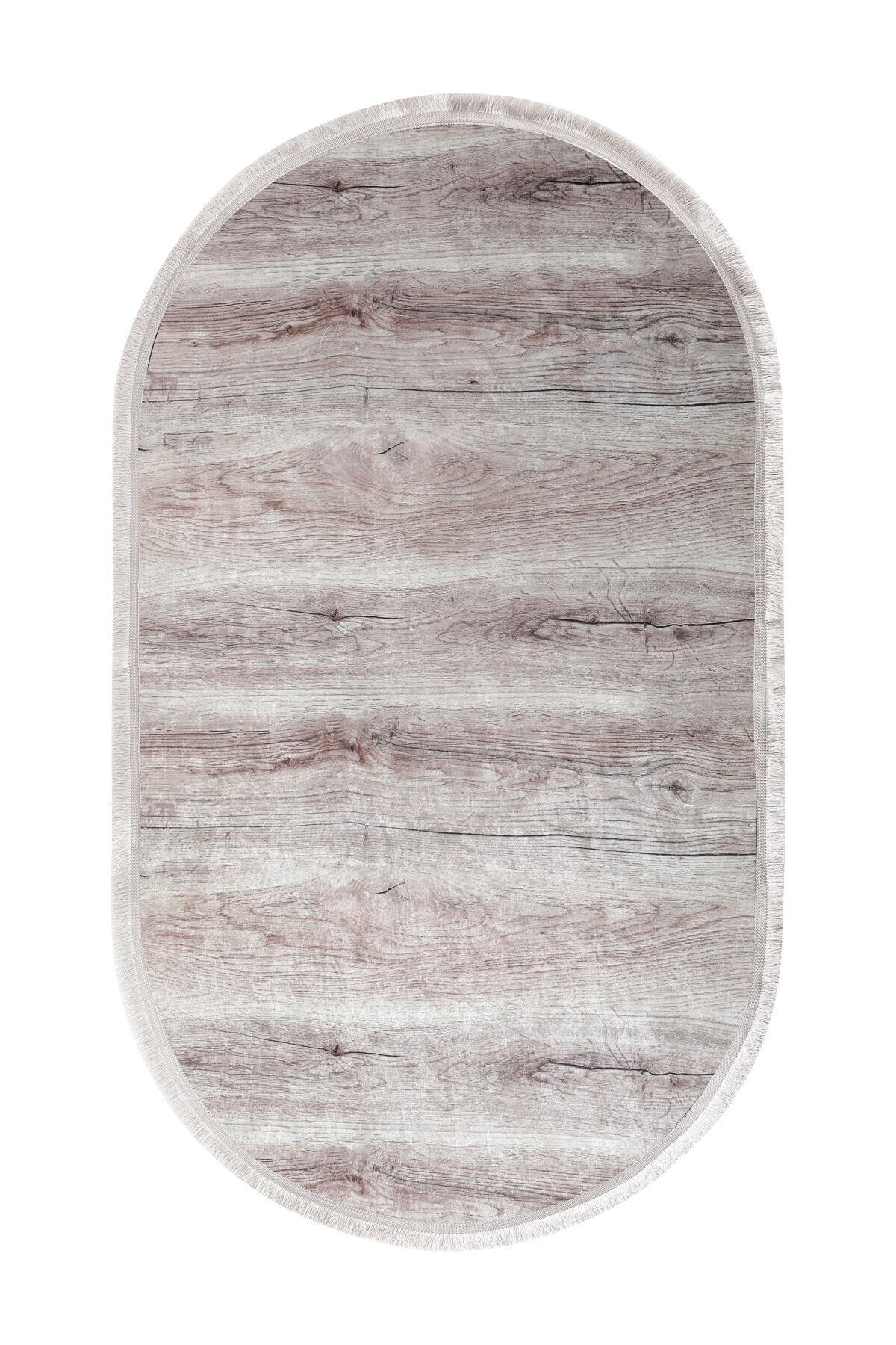 Bej  Saçaklı Dijital Oval Halı Kaymaz Yıkanabilir Oda Mutfak Halı