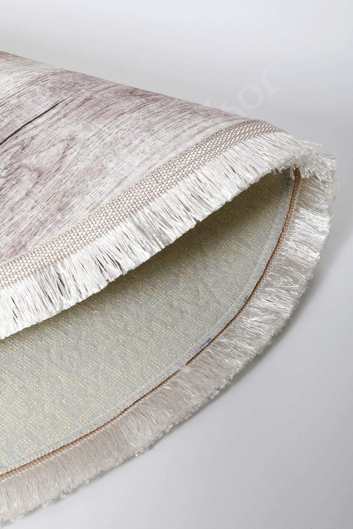 Bej  Saçaklı Dijital Oval Halı Kaymaz Yıkanabilir Oda Mutfak Halı