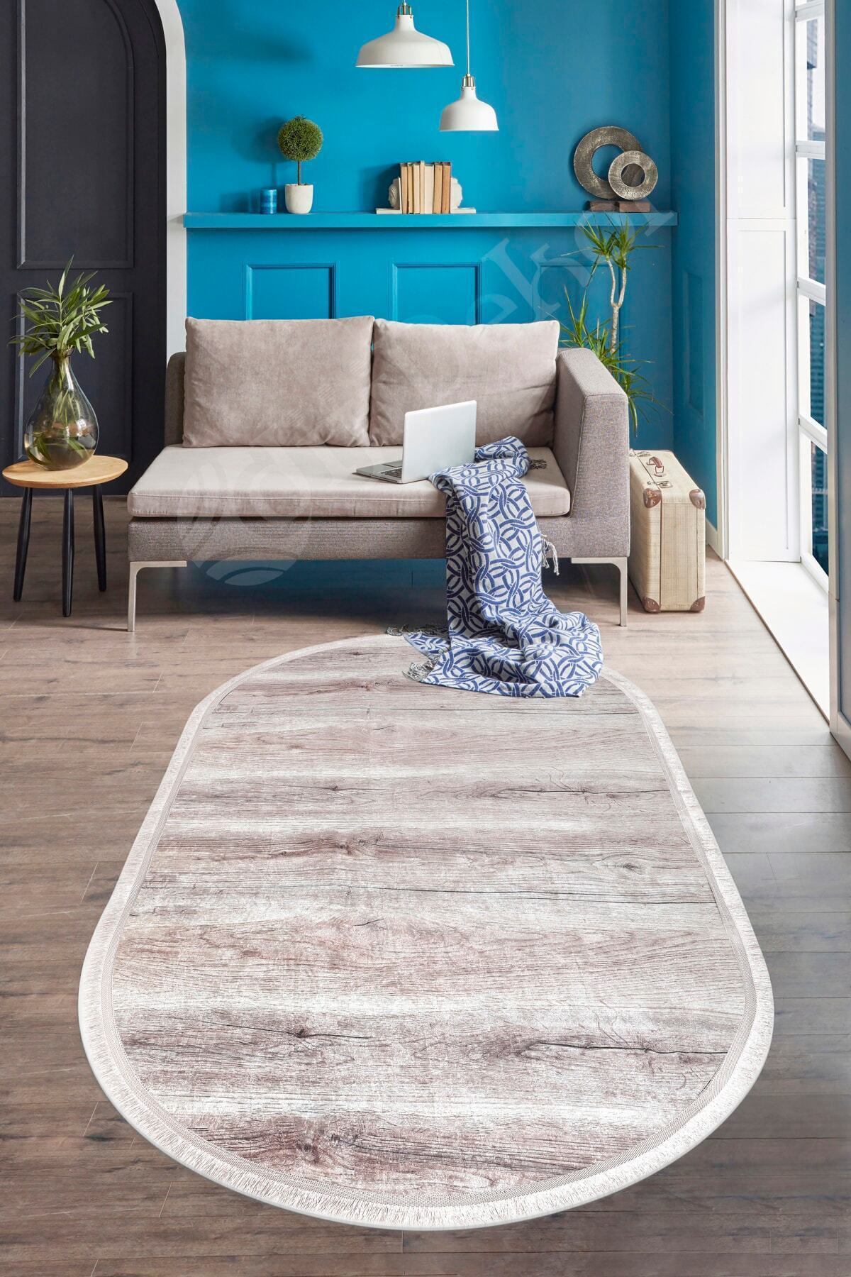 Bej  Saçaklı Dijital Oval Halı Kaymaz Yıkanabilir Oda Mutfak Halı