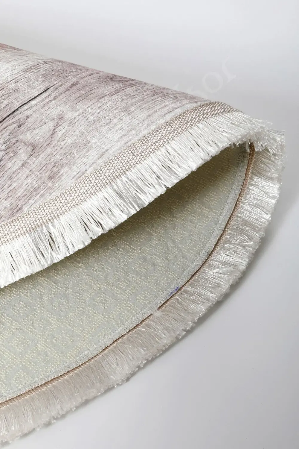 Bej  Saçaklı Dijital Oval Halı Kaymaz Yıkanabilir Oda Mutfak Halı