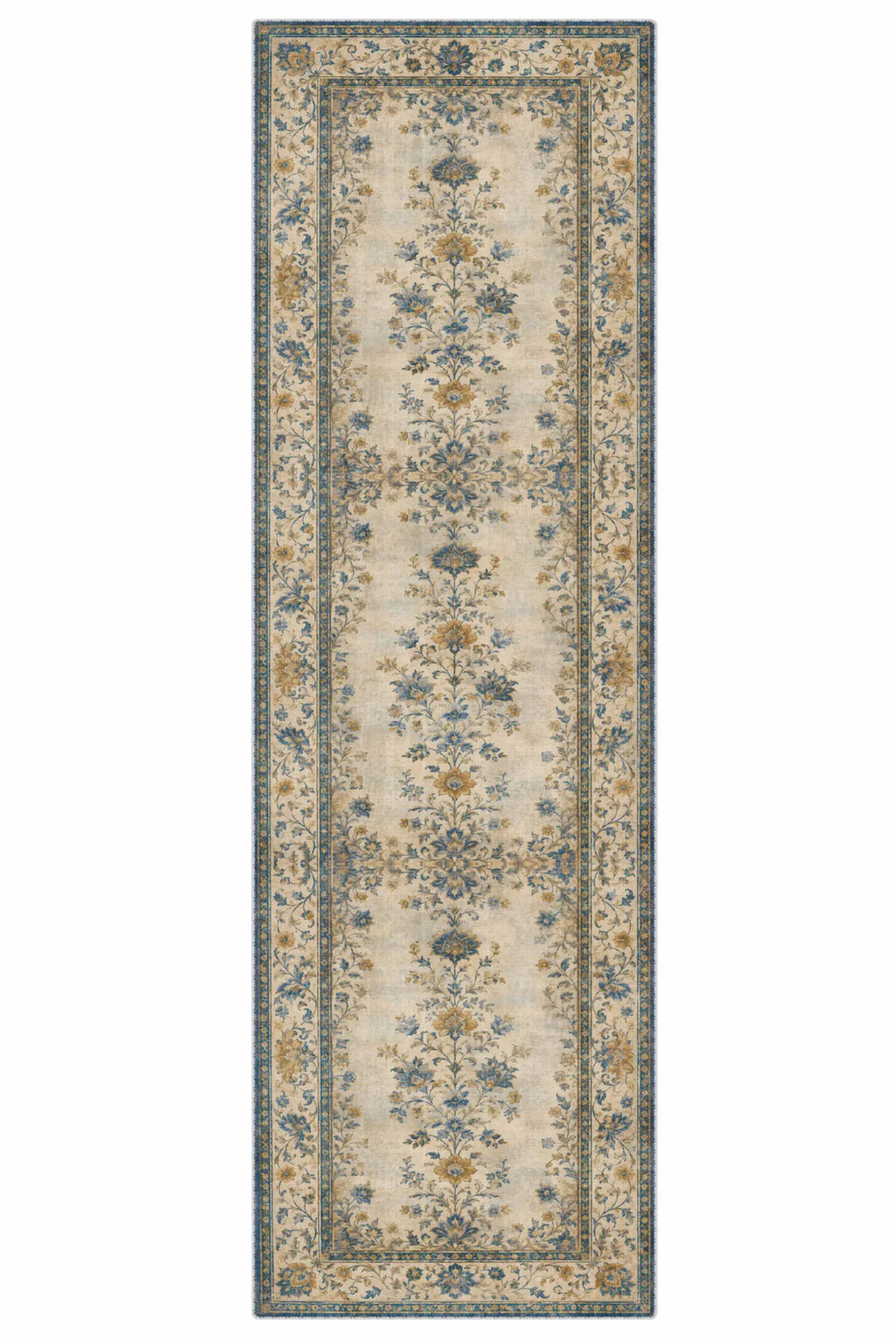 Bej Sarı Mavi Çiçekli Şönil Halı Kilim Yolluk Kaymaz Yıkanabilir