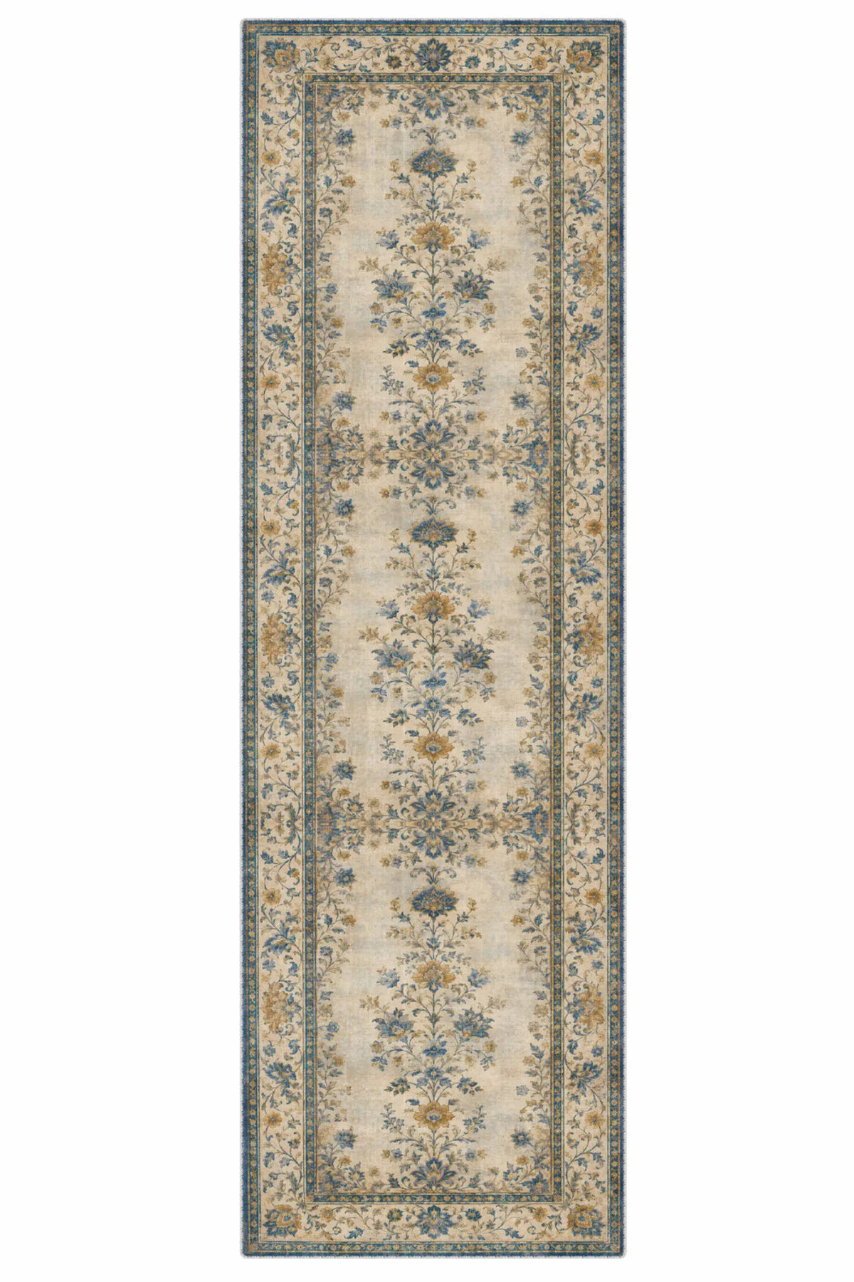 Bej Sarı Mavi Çiçekli Şönil Halı Kilim Yolluk Kaymaz Yıkanabilir