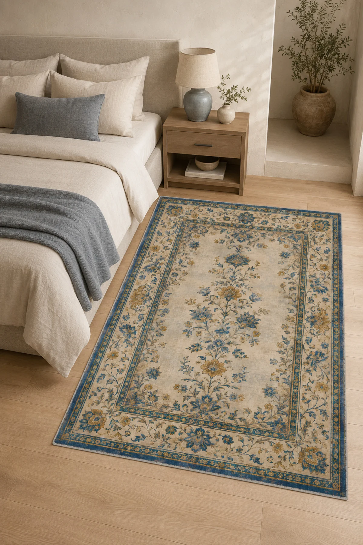 Bej Sarı Mavi Çiçekli Şönil Halı Kilim Yolluk Kaymaz Yıkanabilir