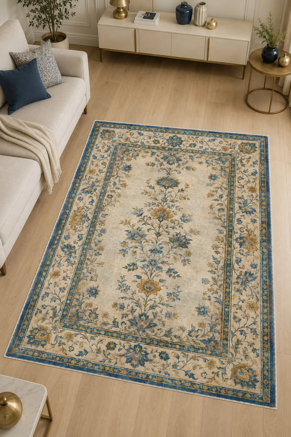 Bej Sarı Mavi Çiçekli Şönil Halı Kilim Yolluk Kaymaz Yıkanabilir