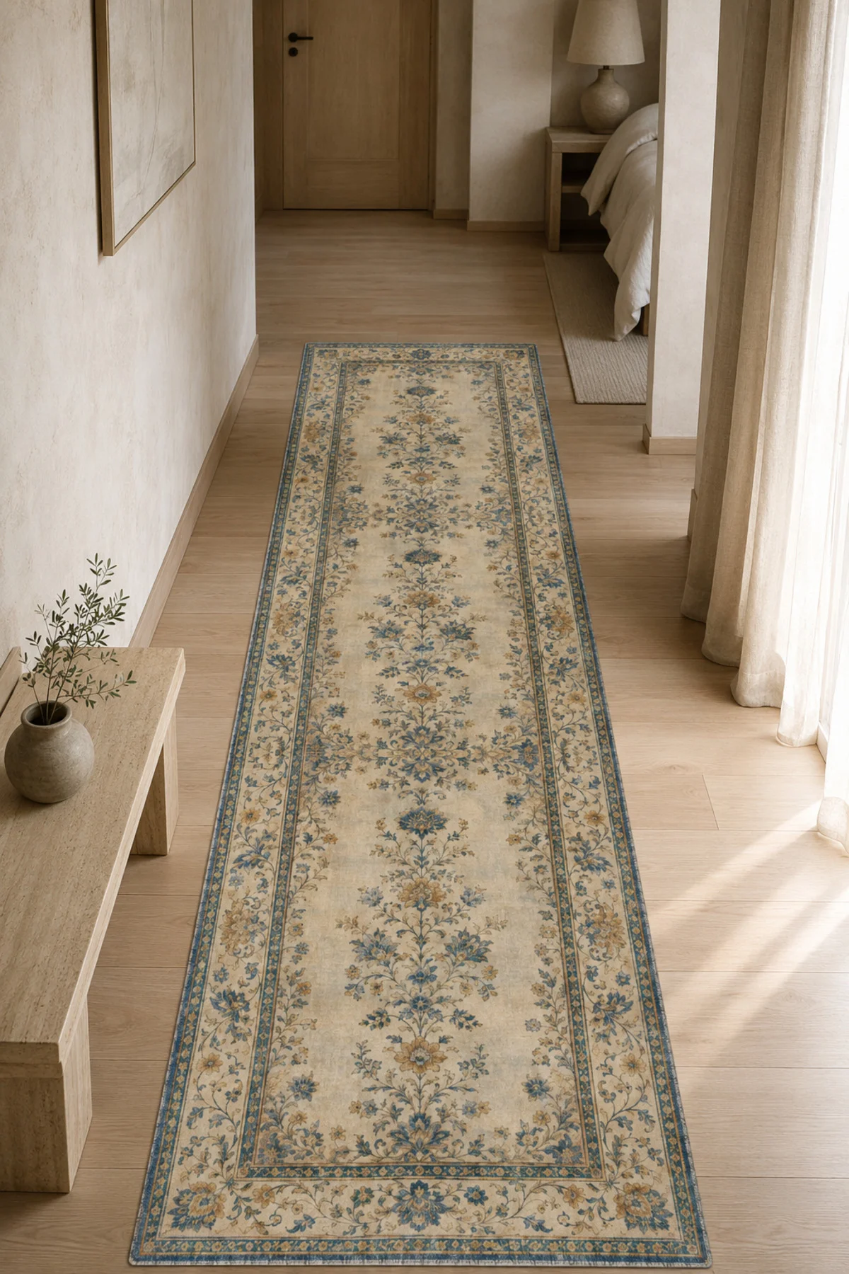 Bej Sarı Mavi Çiçekli Şönil Halı Kilim Yolluk Kaymaz Yıkanabilir