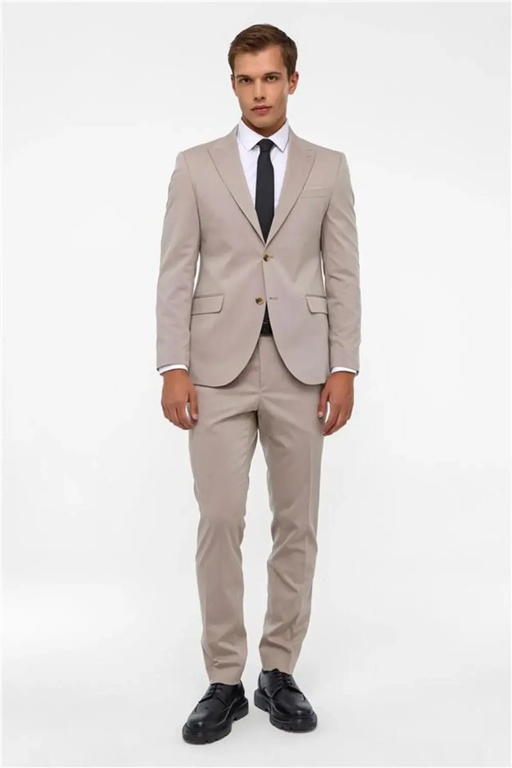 Bej Slim Desenli Sivri Yaka 6 Drop Takım Elbise