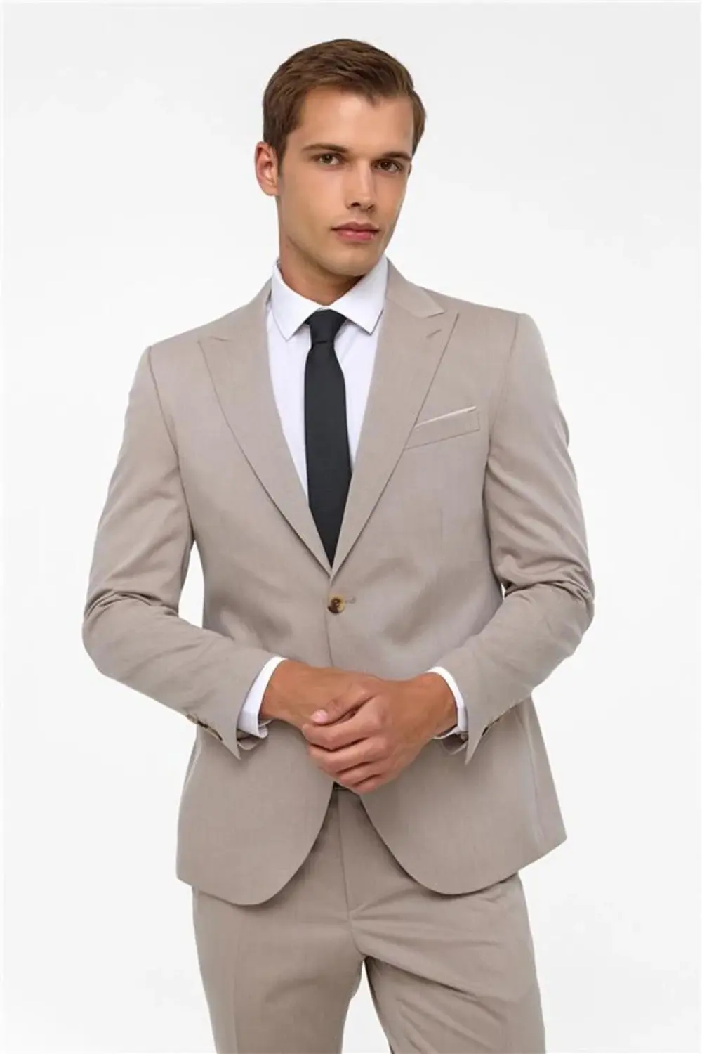 Bej Slim Desenli Sivri Yaka 6 Drop Takım Elbise