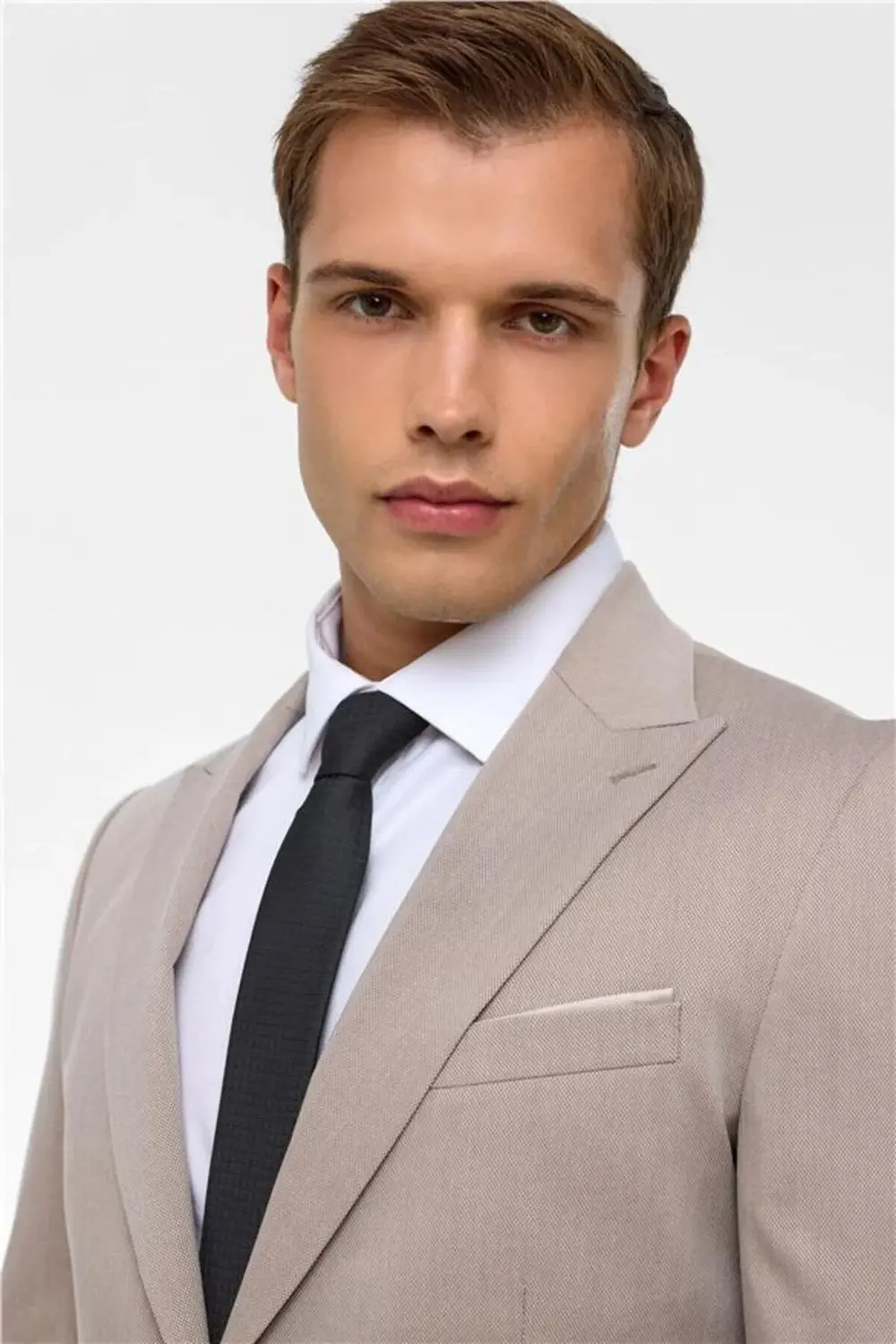 Bej Slim Desenli Sivri Yaka 6 Drop Takım Elbise