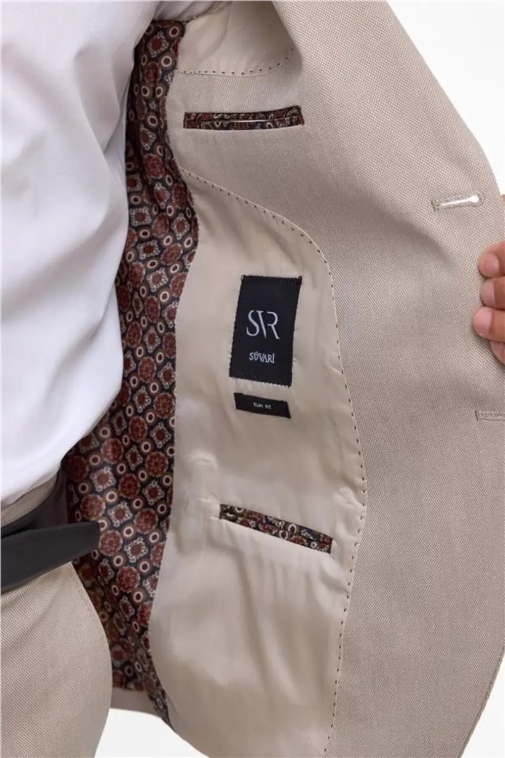 Bej Slim Desenli Sivri Yaka 6 Drop Takım Elbise