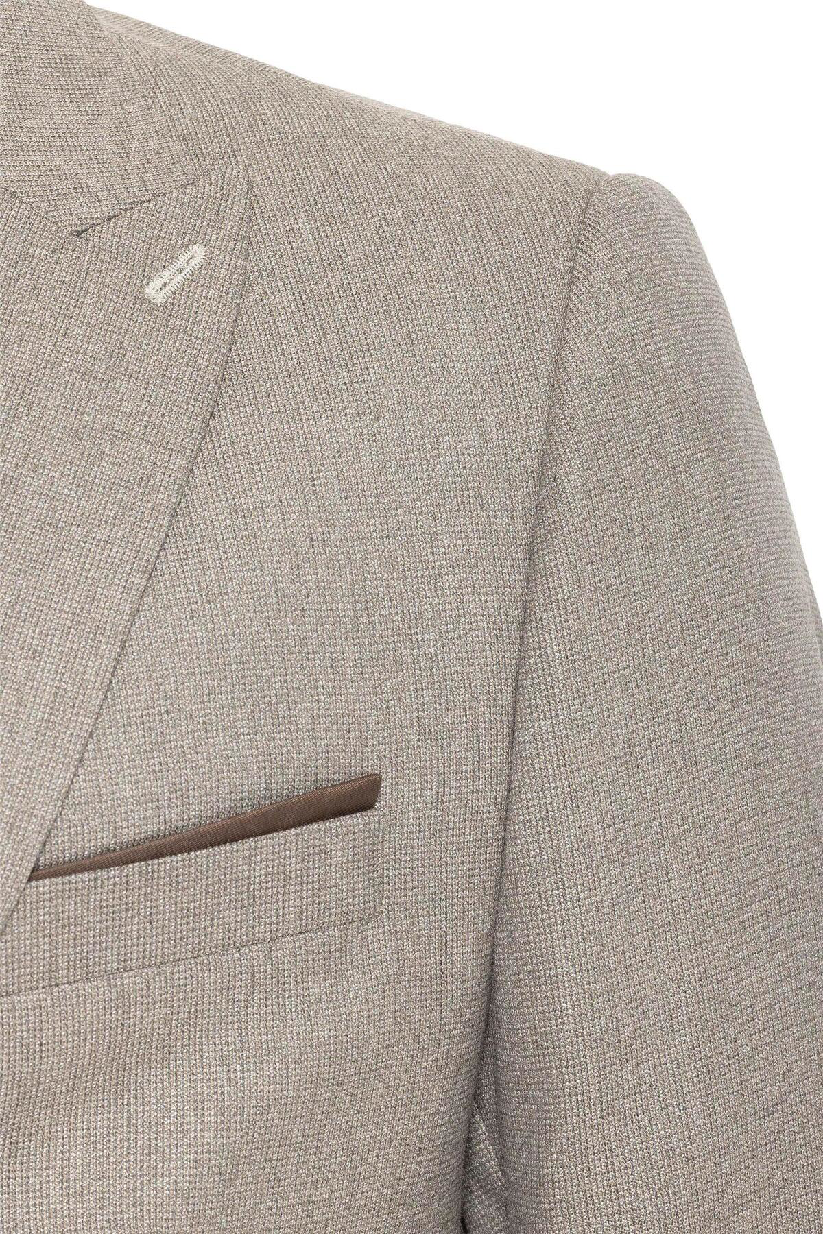 Süvari Bej Slim Fit Desenli Sivri Yaka 6 Drop Klasik Takım Elbise