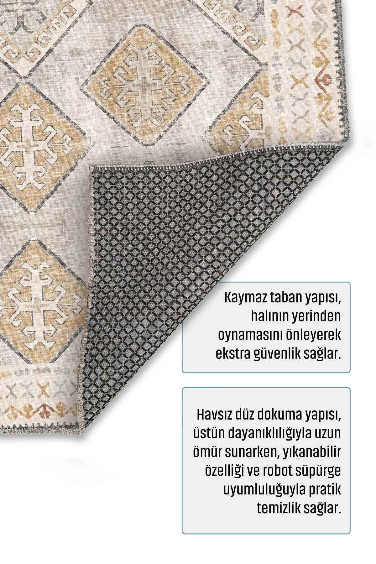 Bej Tasarım Şönil Halı Kilim Yolluk Kaymaz Yıkanabilir Salon Mutf