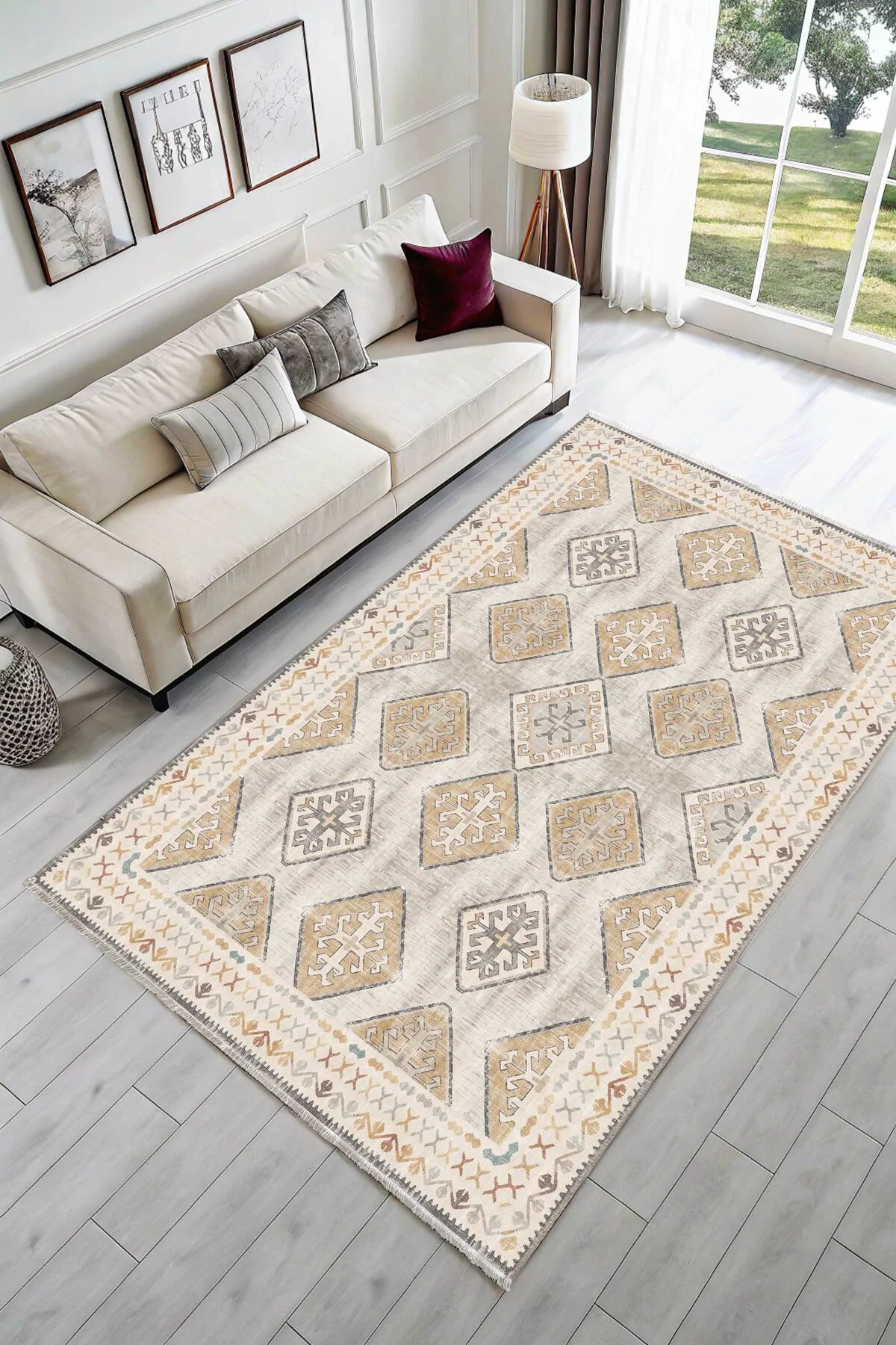 Bej Tasarım Şönil Halı Kilim Yolluk Kaymaz Yıkanabilir Salon Mutf