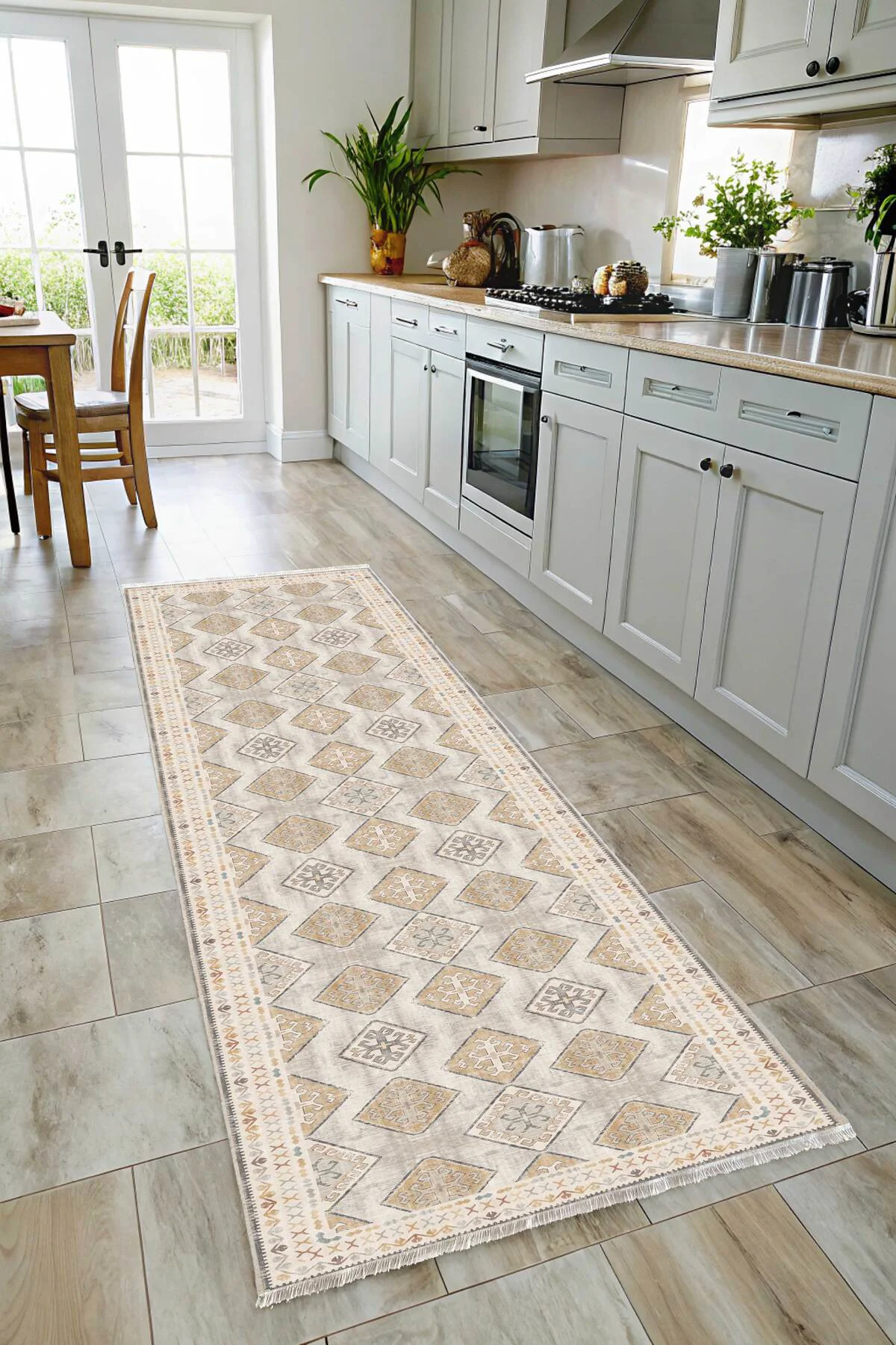 Bej Tasarım Şönil Halı Kilim Yolluk Kaymaz Yıkanabilir Salon Mutf