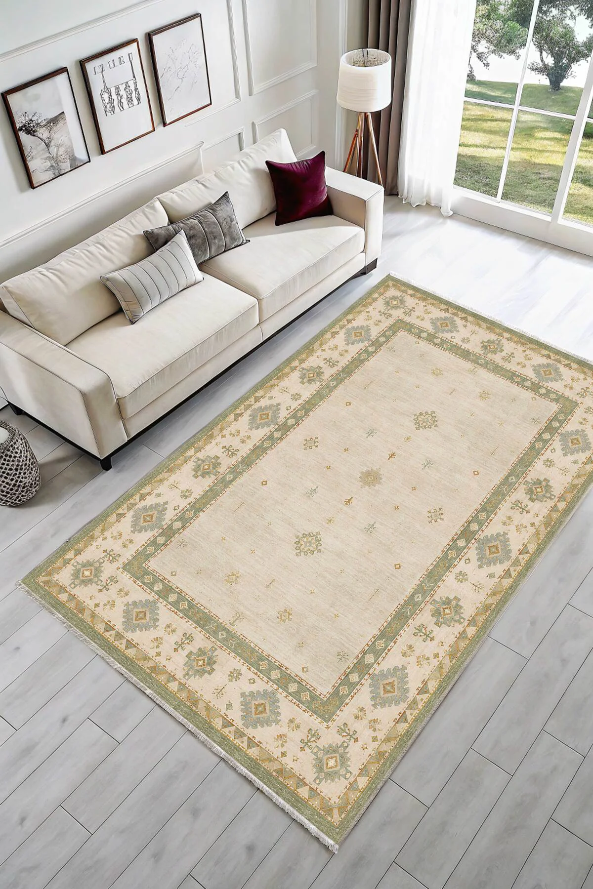 Bej Yeşil Anadolu Kilim Şönil Halı Kaymaz Yıkanabilir Yolluk